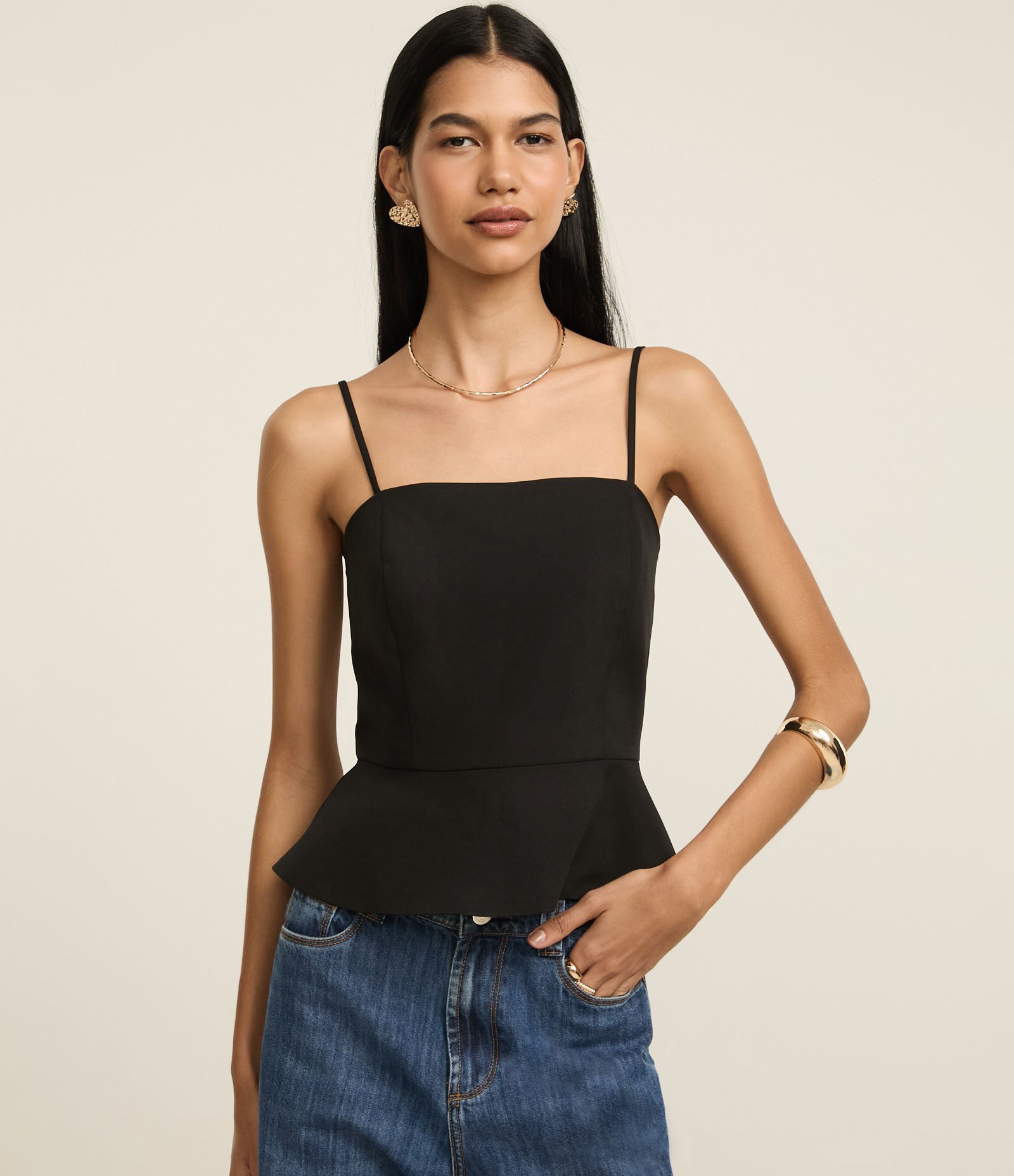 Blusa Peplum Alfaiatada em Twill com Alcinhas Preto 1