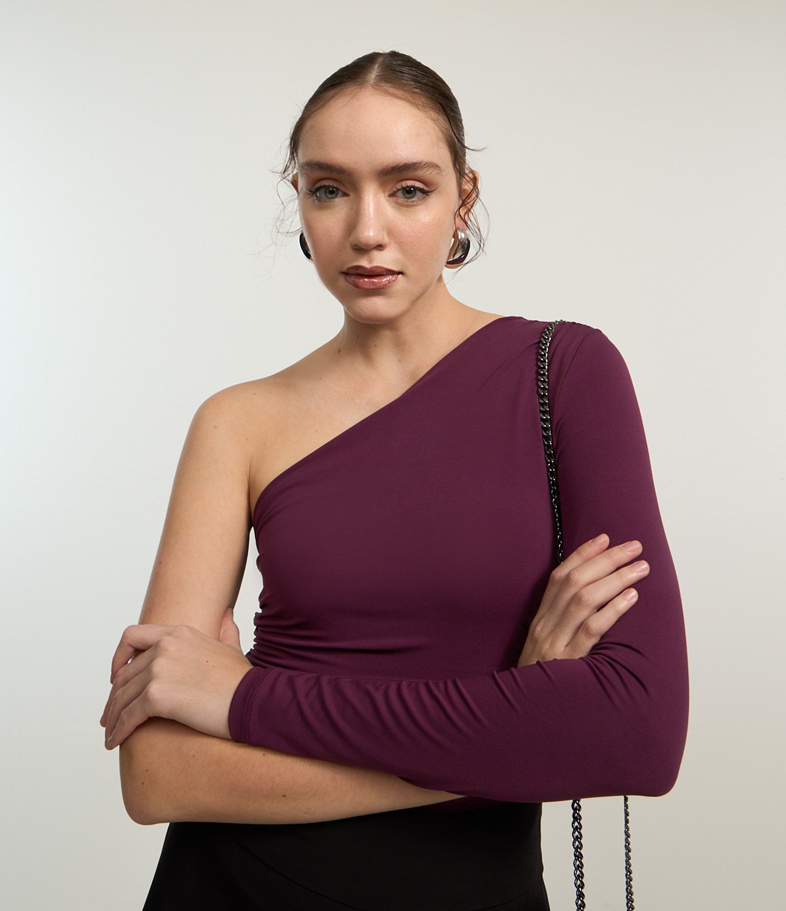 Body com Um Ombro Só e Drapeados Laterais Roxo 1