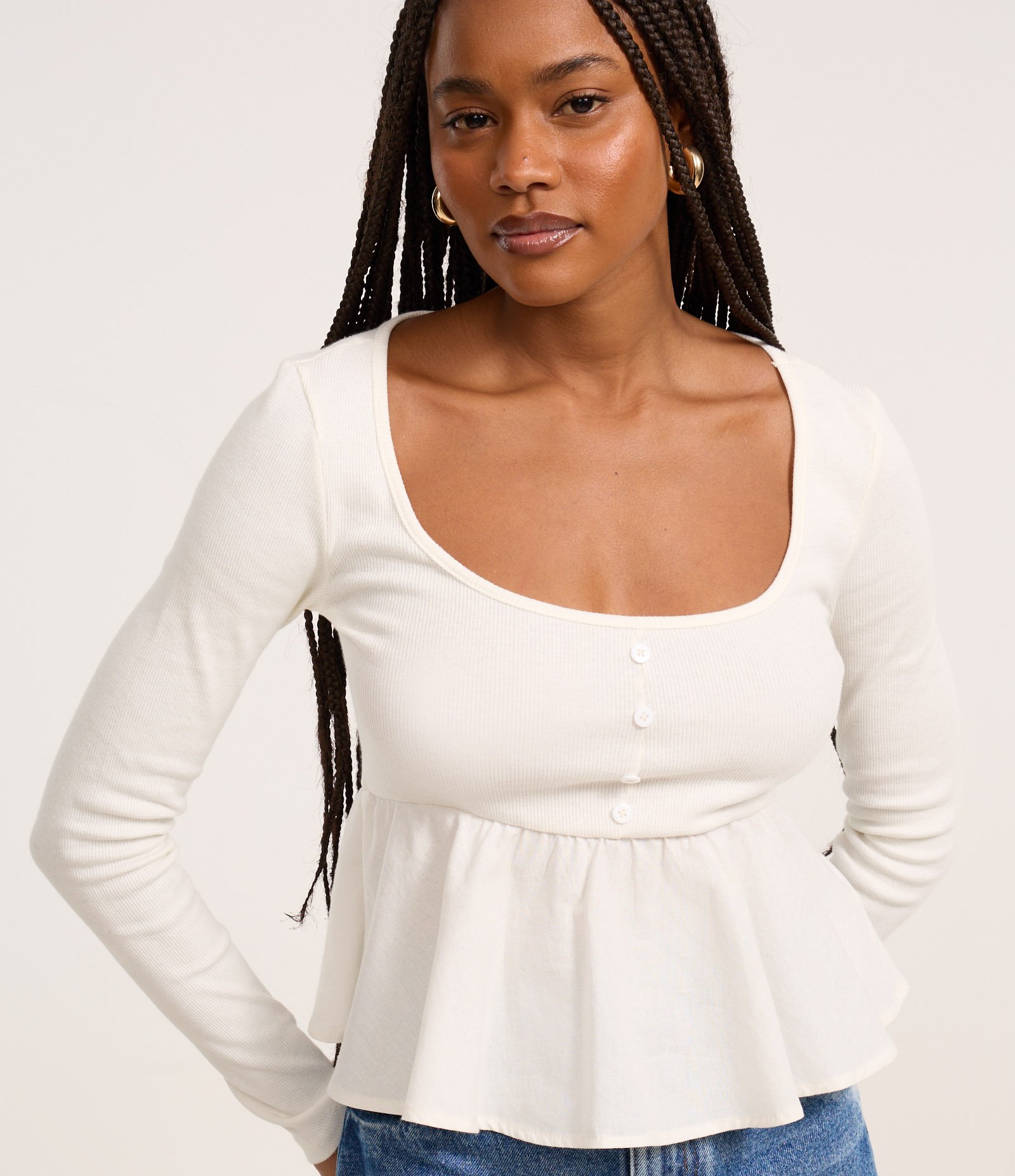 Blusa Peplum em Ribana e Tricoline com Botões Off White 1