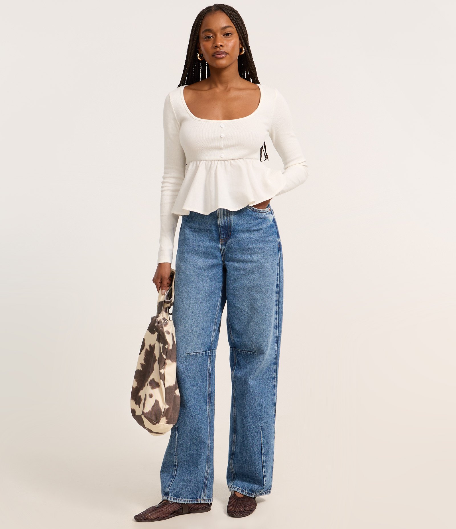 Blusa Peplum em Ribana e Tricoline com Botões Off White 2