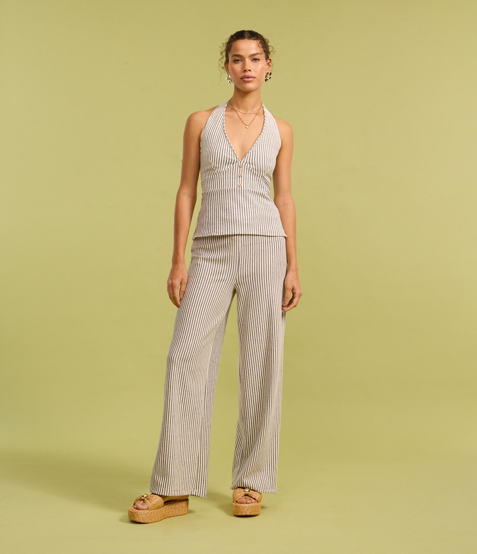 Calça Reta Texturizada com Listras e Amarração no Cós Off White 5