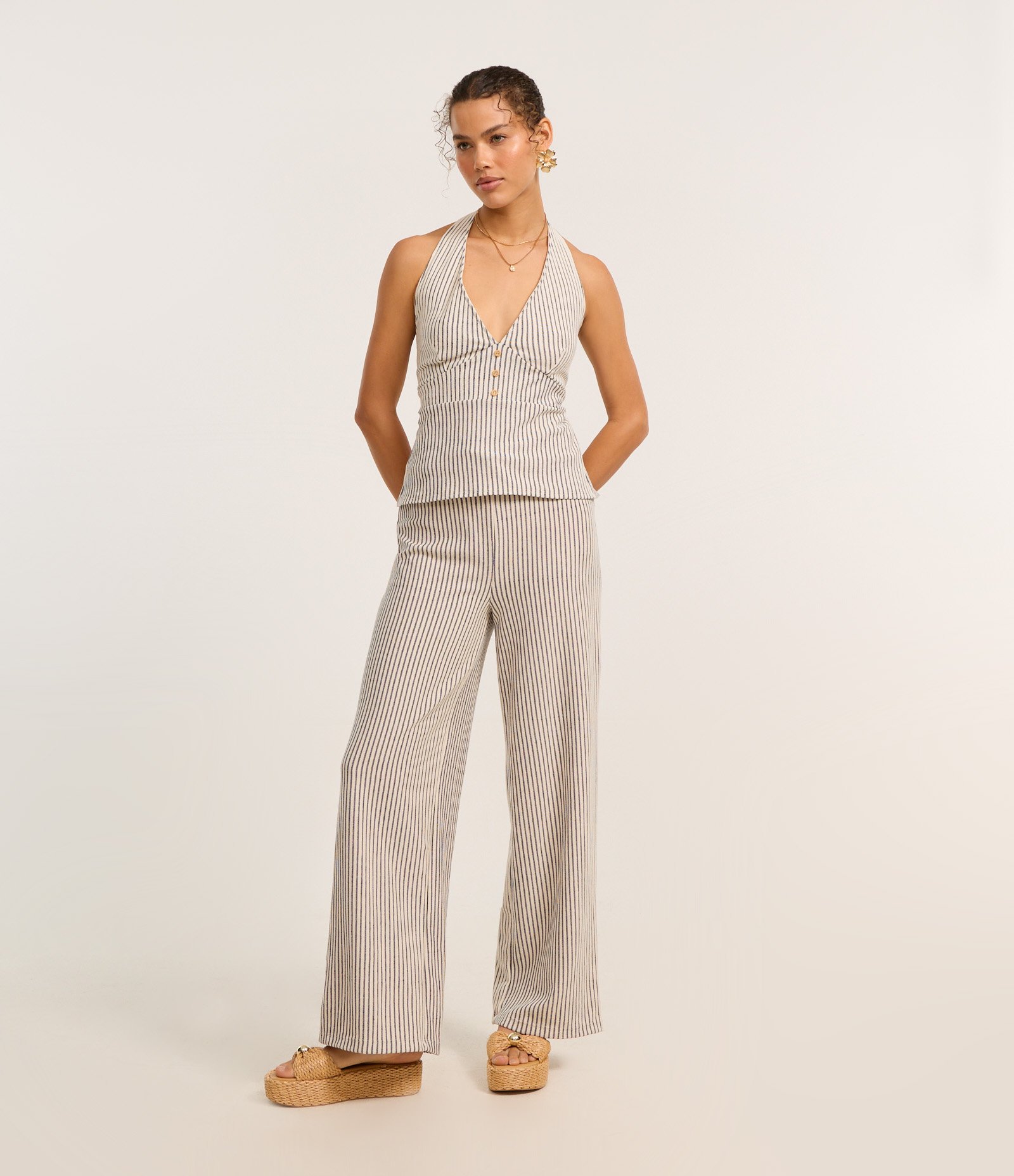 Calça Reta Texturizada com Listras e Amarração no Cós Off White 1