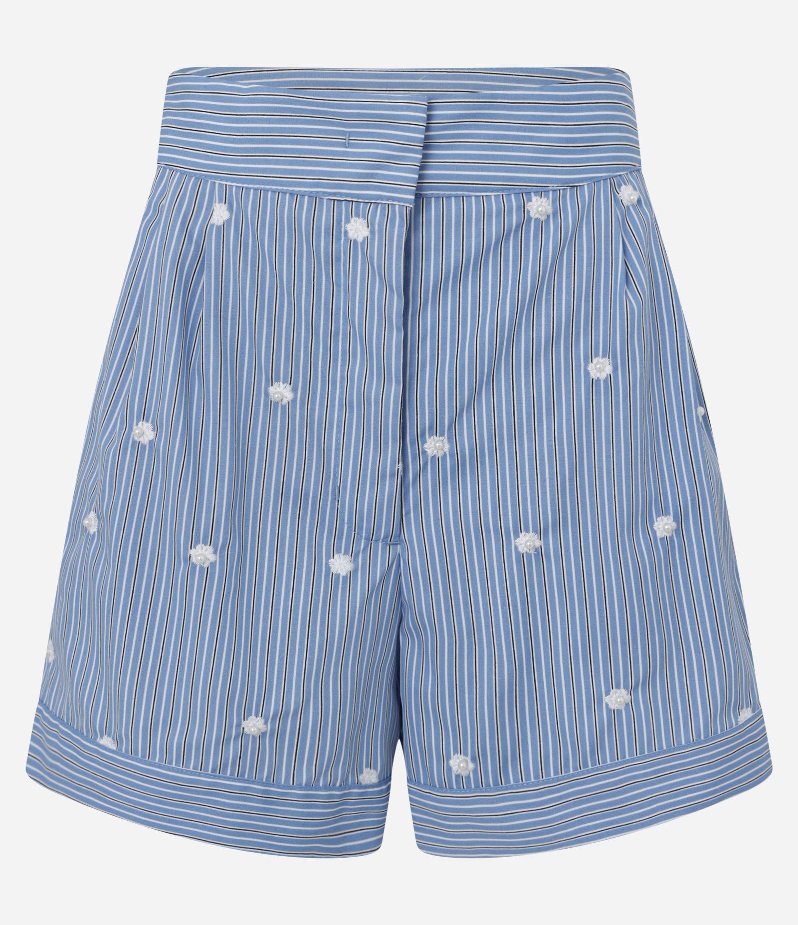 Short em Tricoline com Estampa Listras a Fio Tinto e Aplicação de Pérolas Azul 7