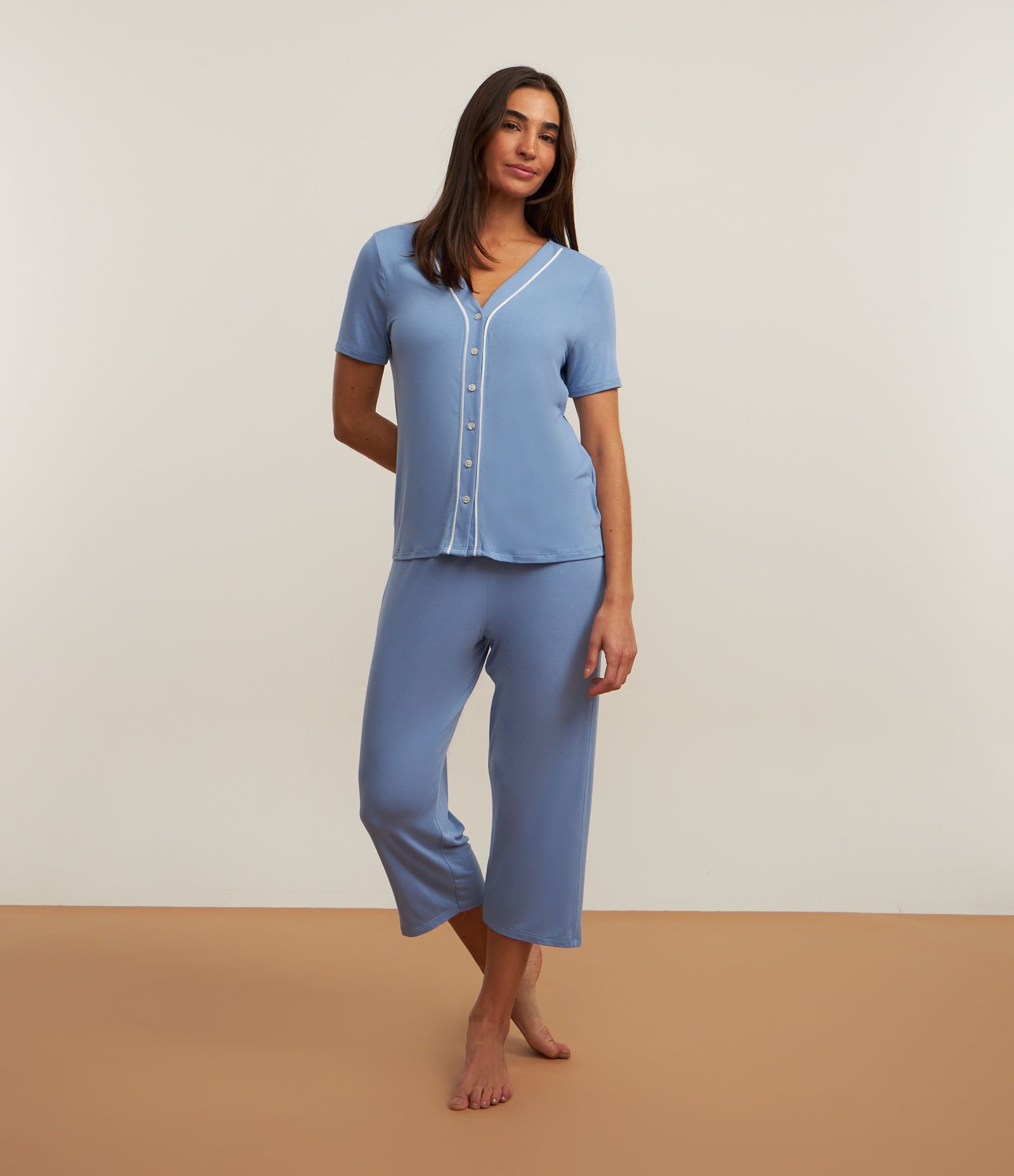 Pijama Americano Capri em Viscose com Friso Azul 1