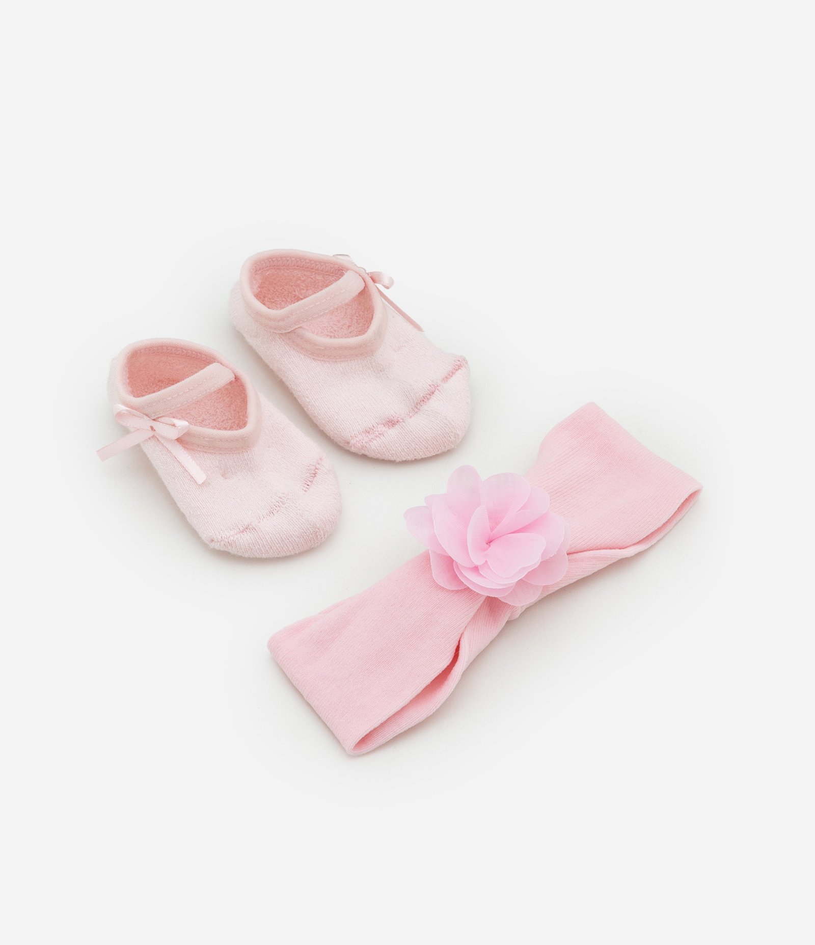 Meia Sapatilha Infantil com Laço e Faixa de Cabelo - Tam 0 a 12 meses Rosa 1