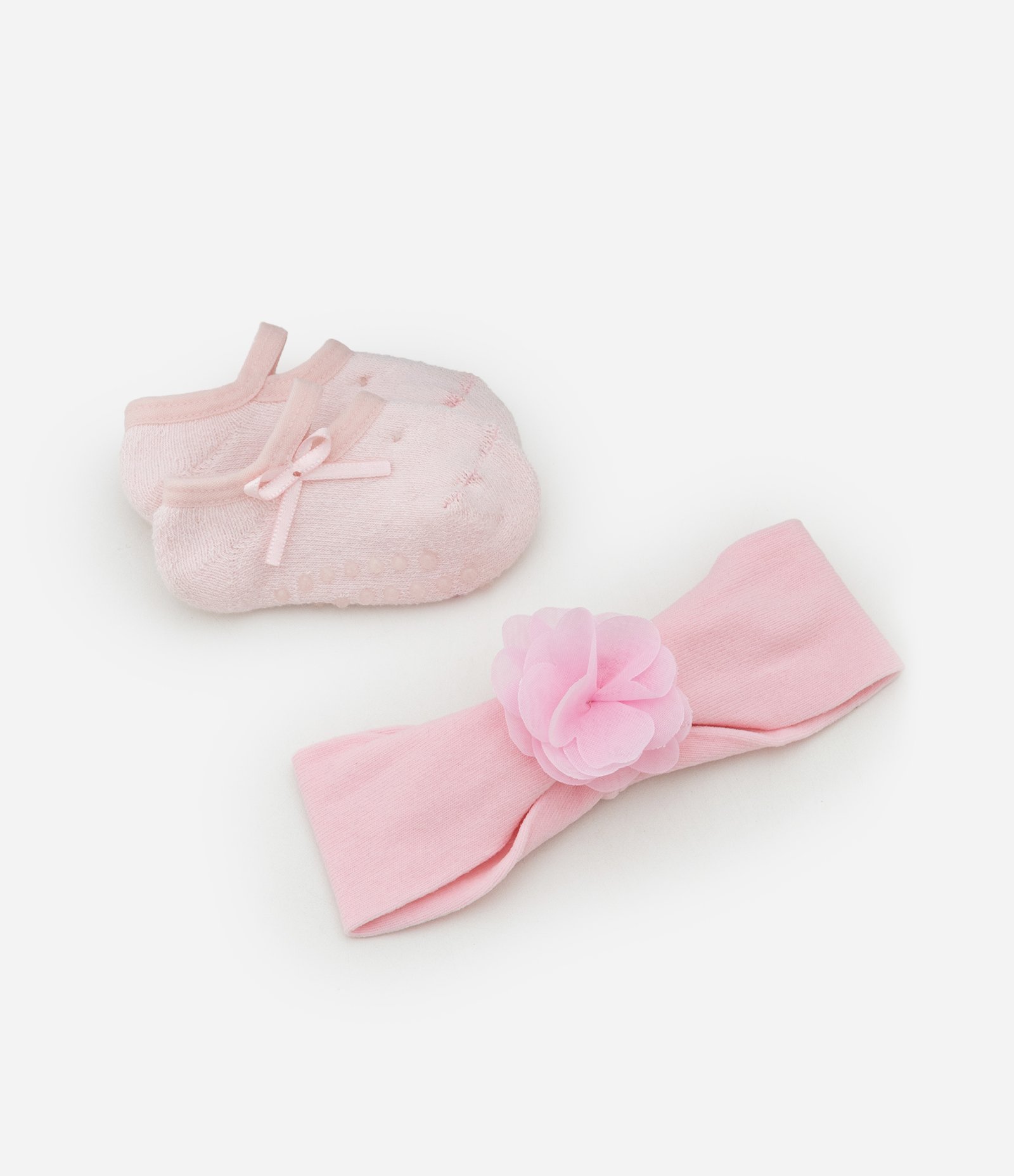 Meia Sapatilha Infantil com Laço e Faixa de Cabelo - Tam 0 a 12 meses Rosa 2