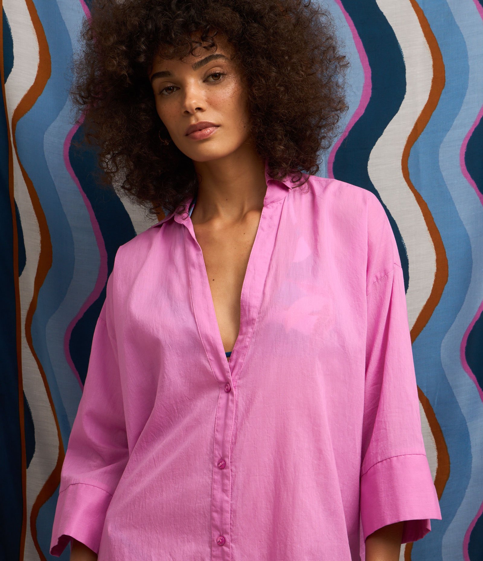 Saída de Praia Camisa em Voal com Mangas 3/4 Rosa 1