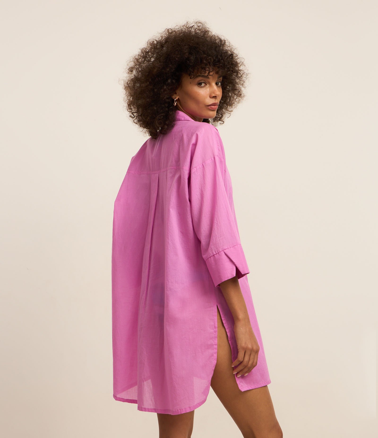 Saída de Praia Camisa em Voal com Mangas 3/4 Rosa 3