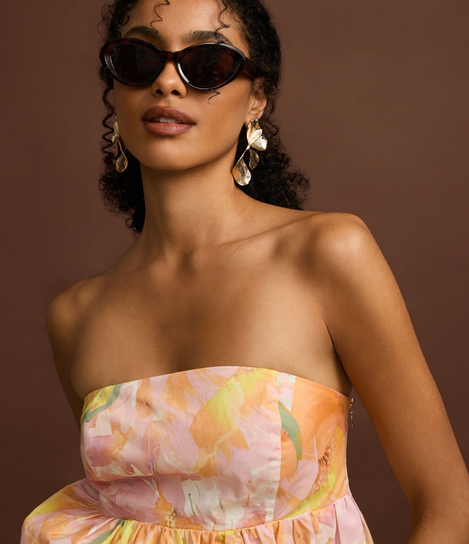 Blusa Balonê Sem Alça em Tricoline com Estampa Floral Laranja/Amarelo/Rosa 6