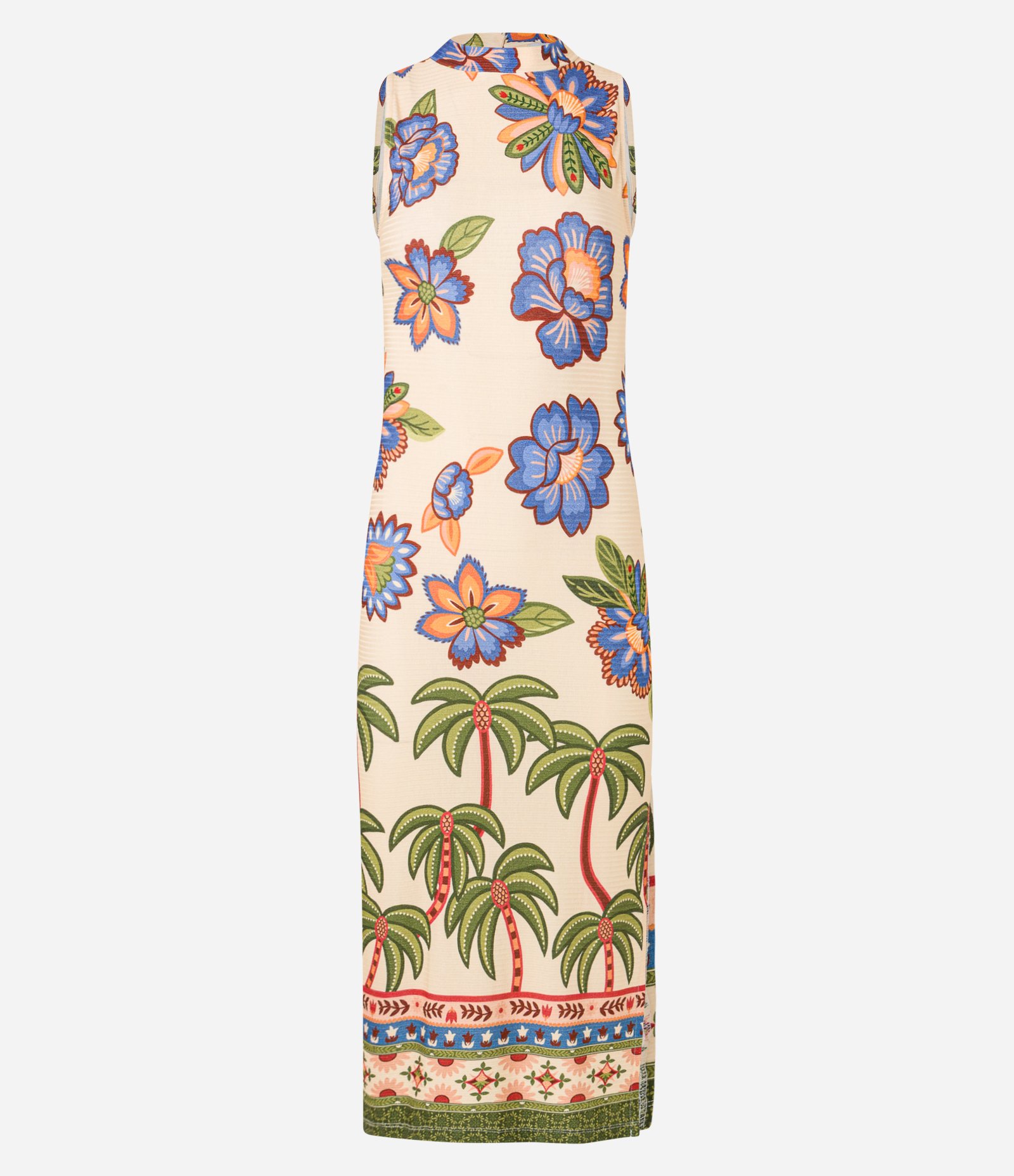 Vestido Evasê New Midi em Ribana com Golinha Alta e Estampa Tropical Bege 6