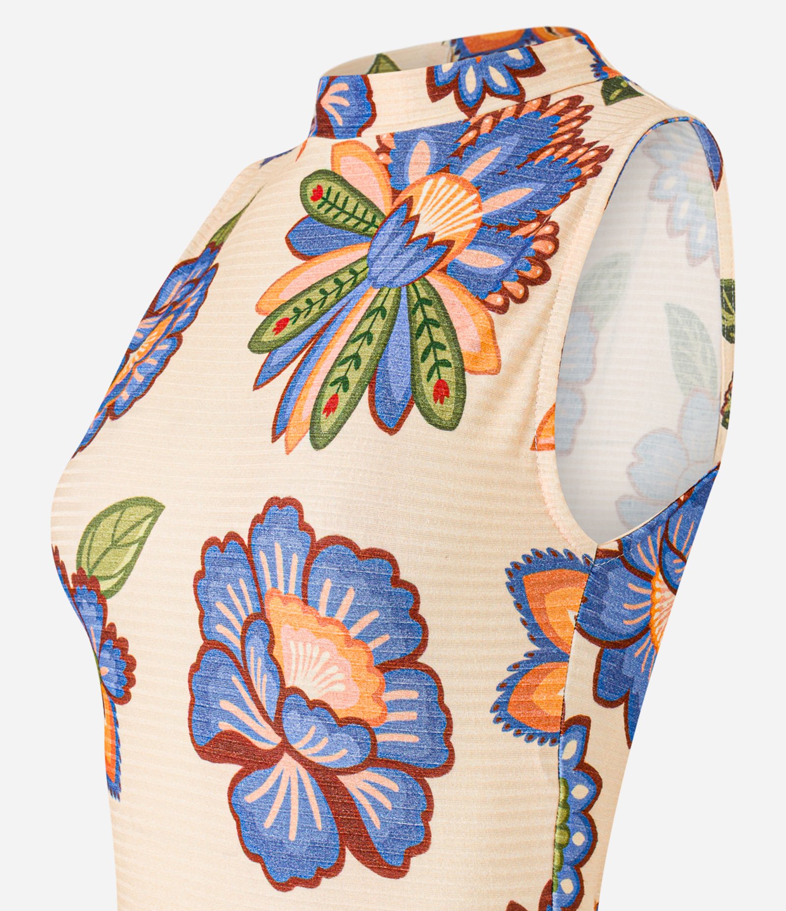 Vestido Evasê New Midi em Ribana com Golinha Alta e Estampa Tropical Bege 7