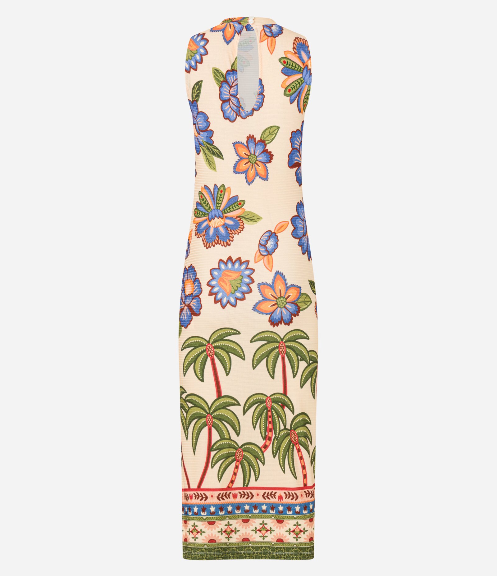 Vestido Evasê New Midi em Ribana com Golinha Alta e Estampa Tropical Bege 9