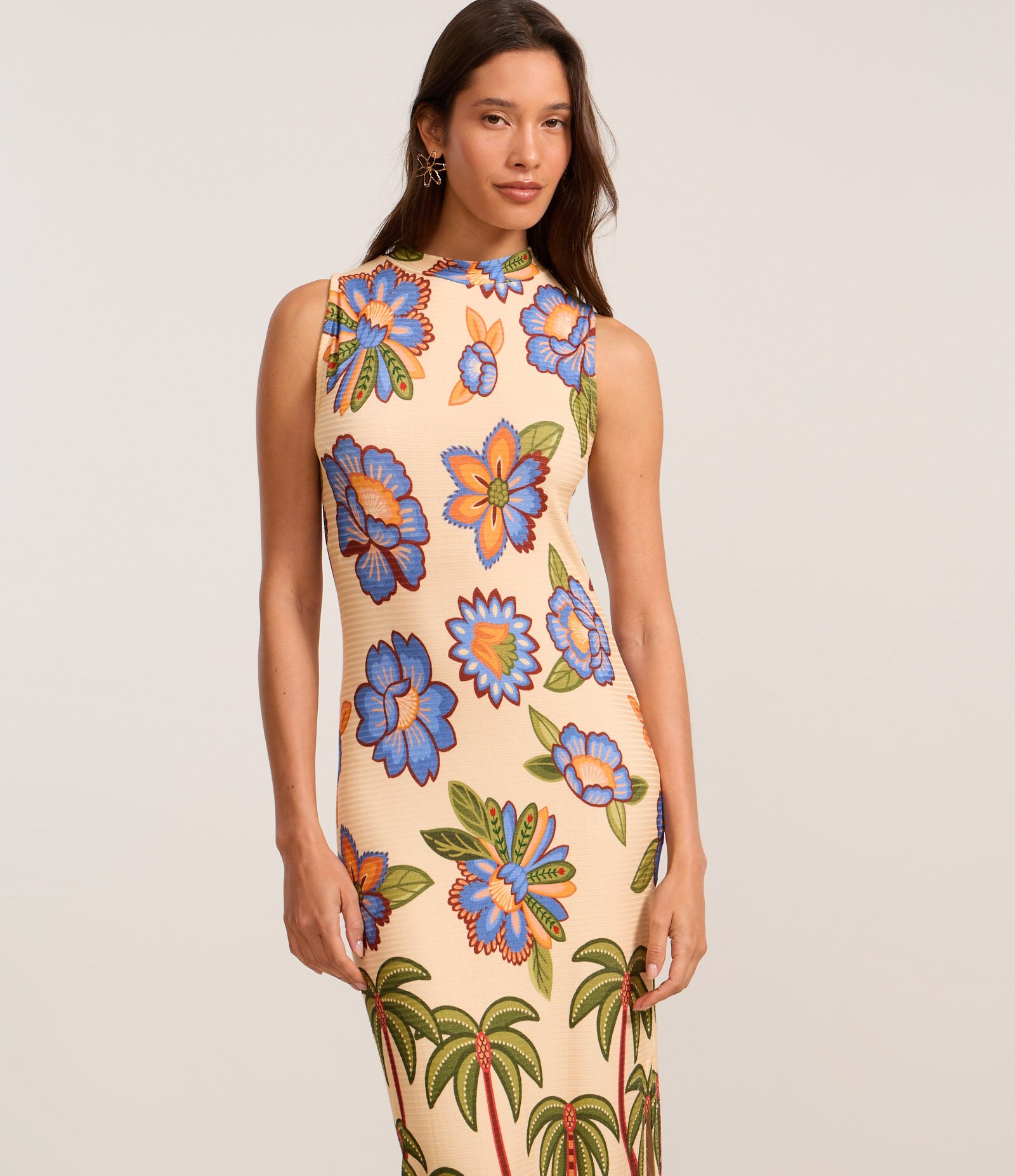 Vestido Evasê New Midi em Ribana com Golinha Alta e Estampa Tropical Bege 2