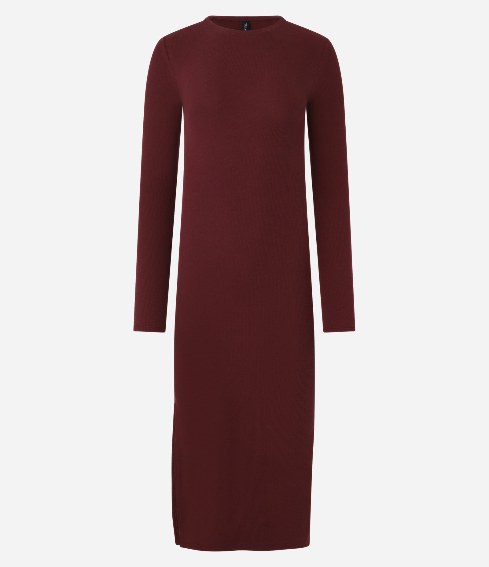 Vestido Midi Básico em Ribana com Manga Longa e Fenda Vinho 5