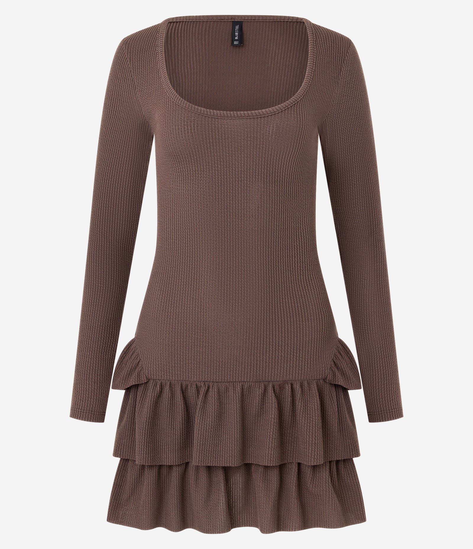 Vestido Curto em Jacquard com Babados na Saia Marrom 3