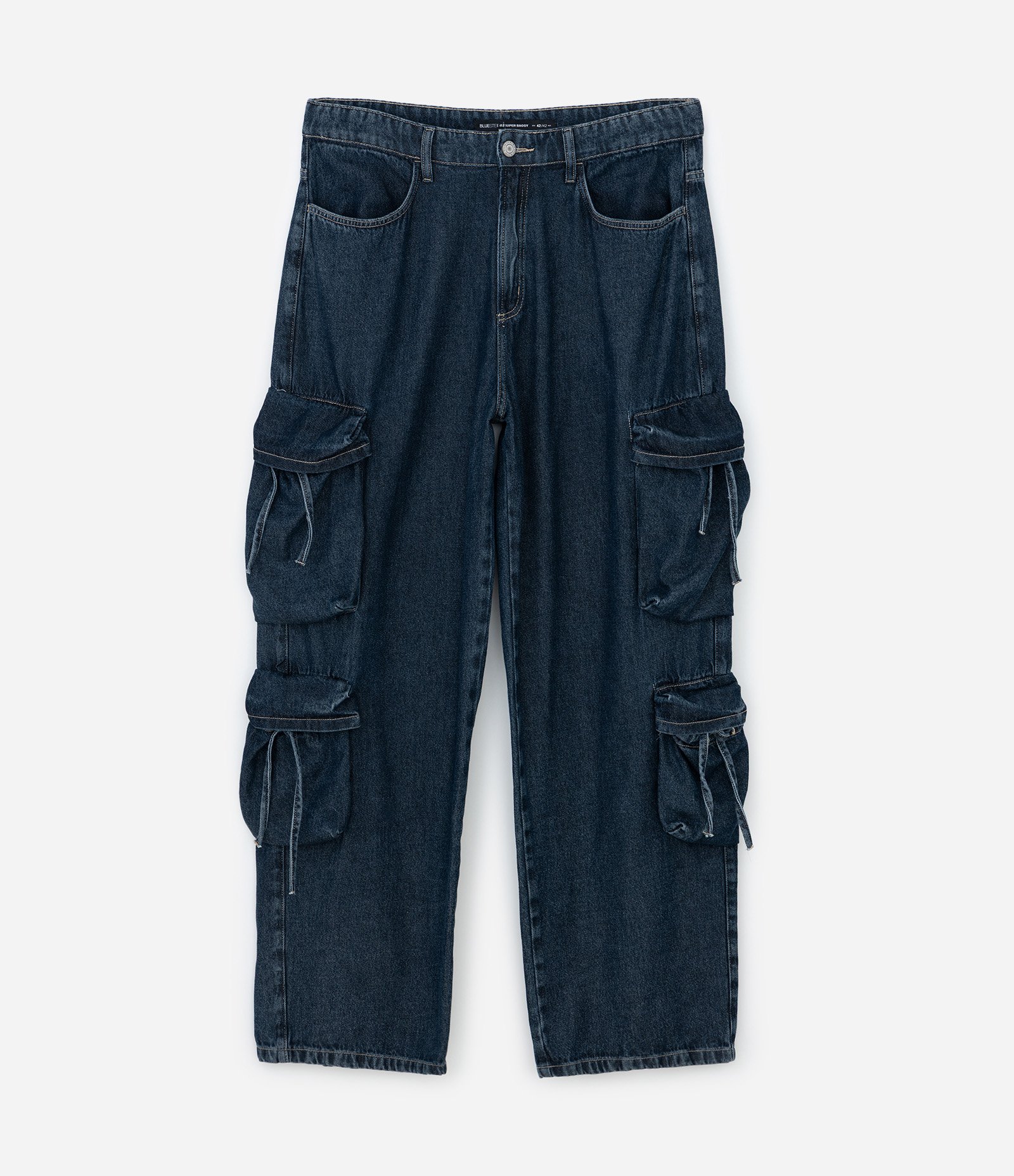 Calça Super Baggy em Jeans com Multibolsos Azul escuro 2