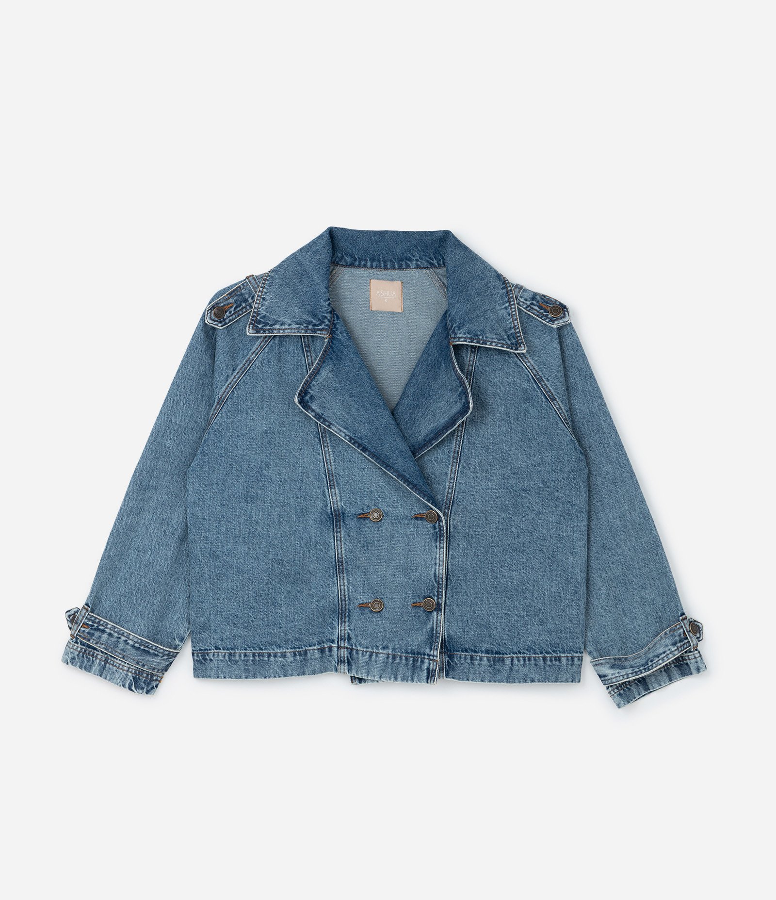 Jaqueta Trench Coat em Jeans com Botões Transpassados Curve & Plus Size Azul 5