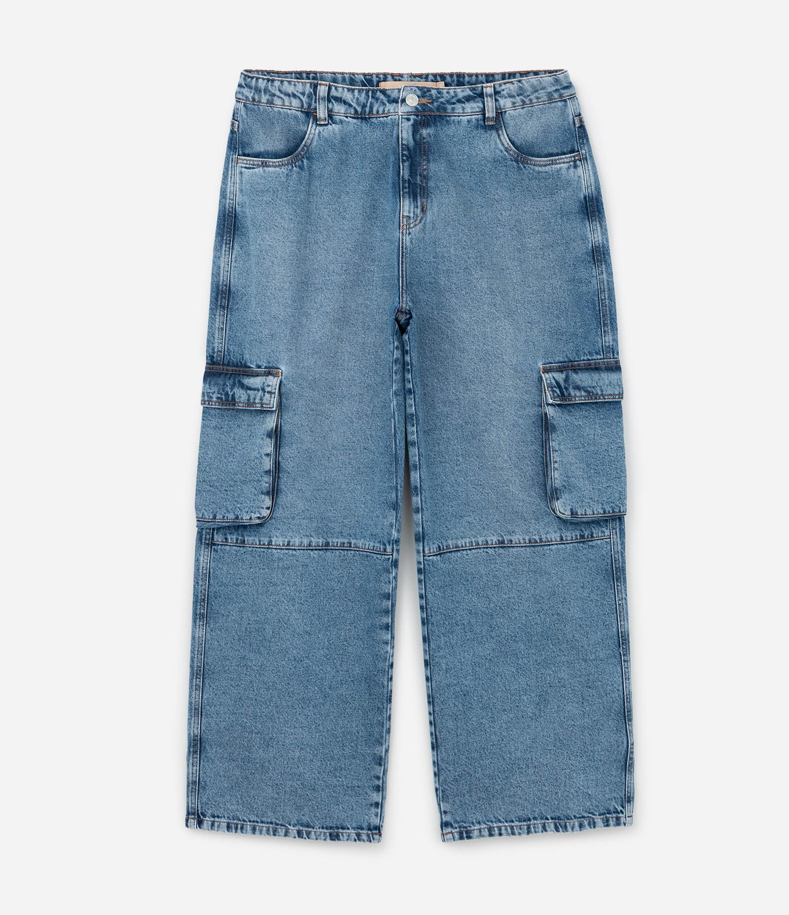 Calça Wide Leg em Jeans com Bolsos Cargo e Recortes Curve & Plus Size Azul 6