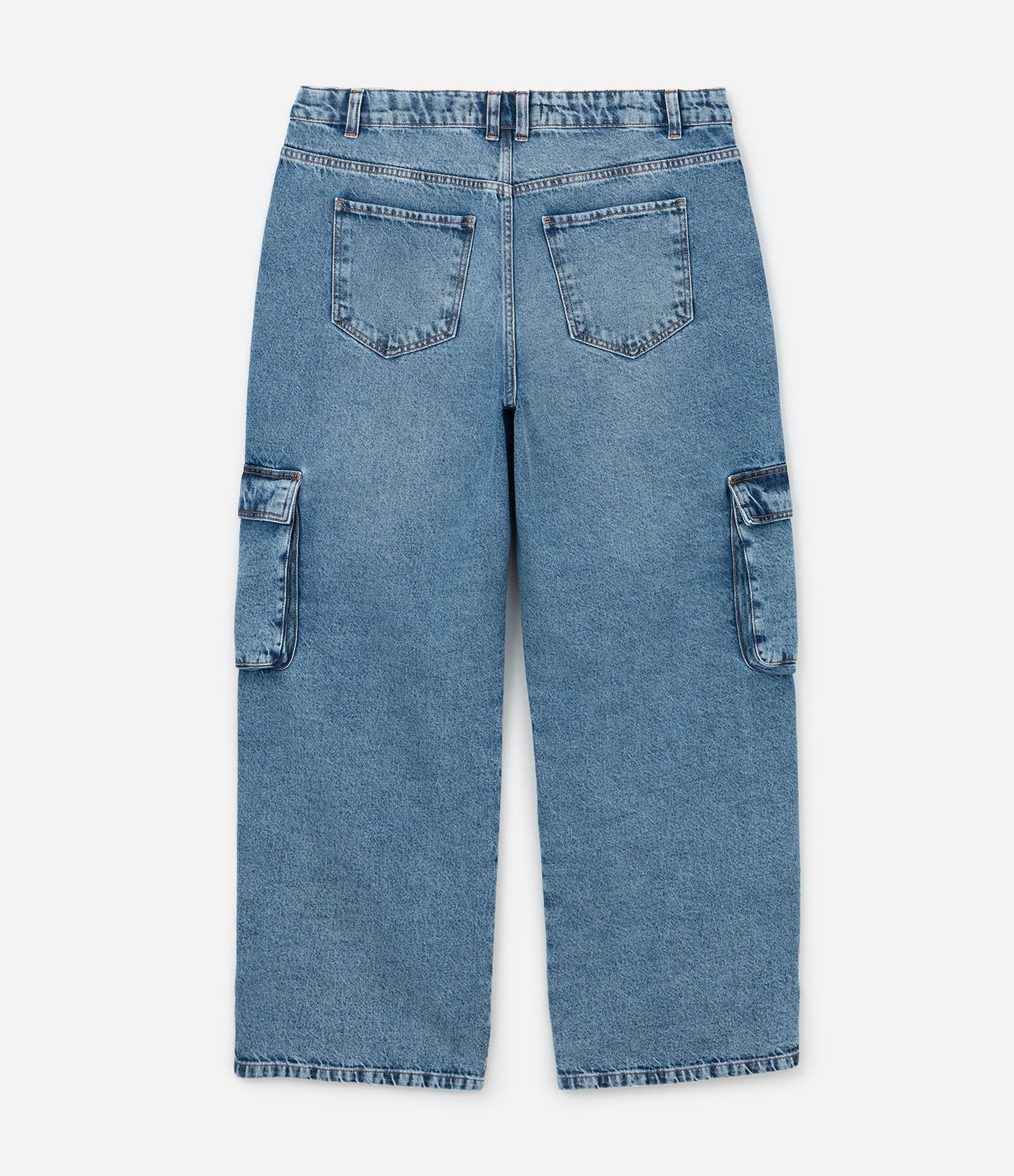 Calça Wide Leg em Jeans com Bolsos Cargo e Recortes Curve & Plus Size Azul 7