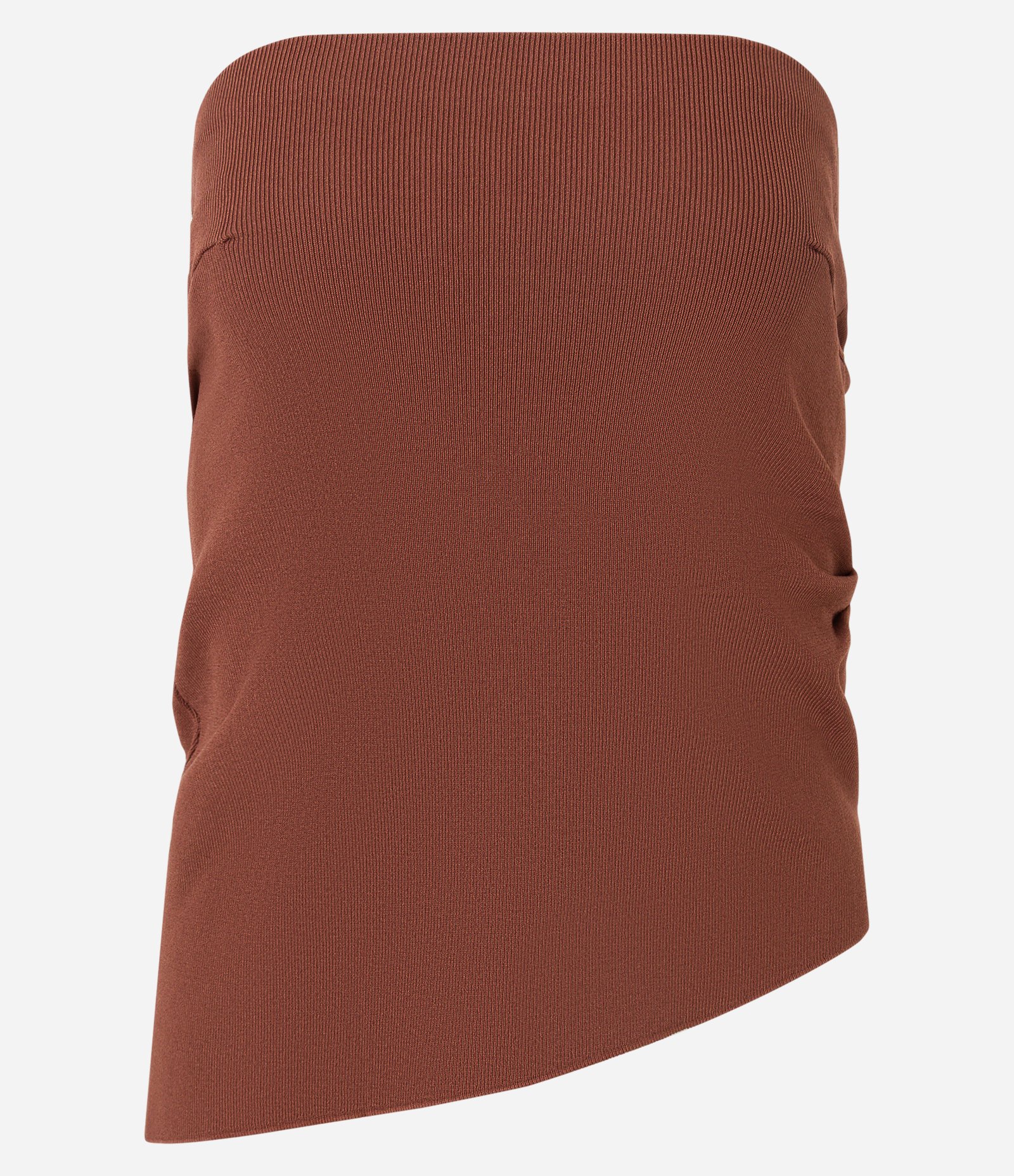 Blusa Slim Texturizada e Sem Alça com Barra Assimétrica Marrom 6