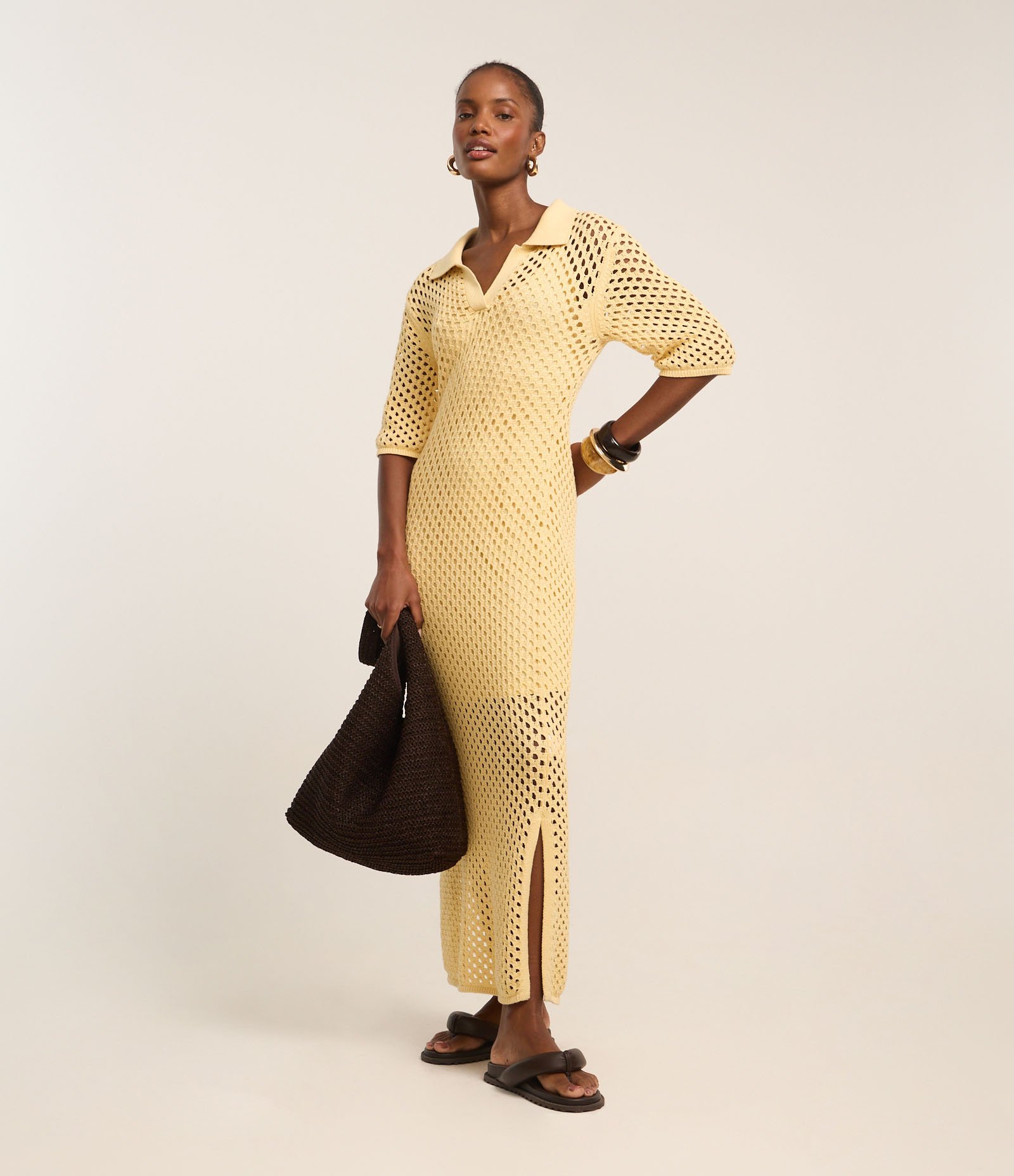 Vestido Midi com Efeito Crochê e Gola Polo Amarelo 1