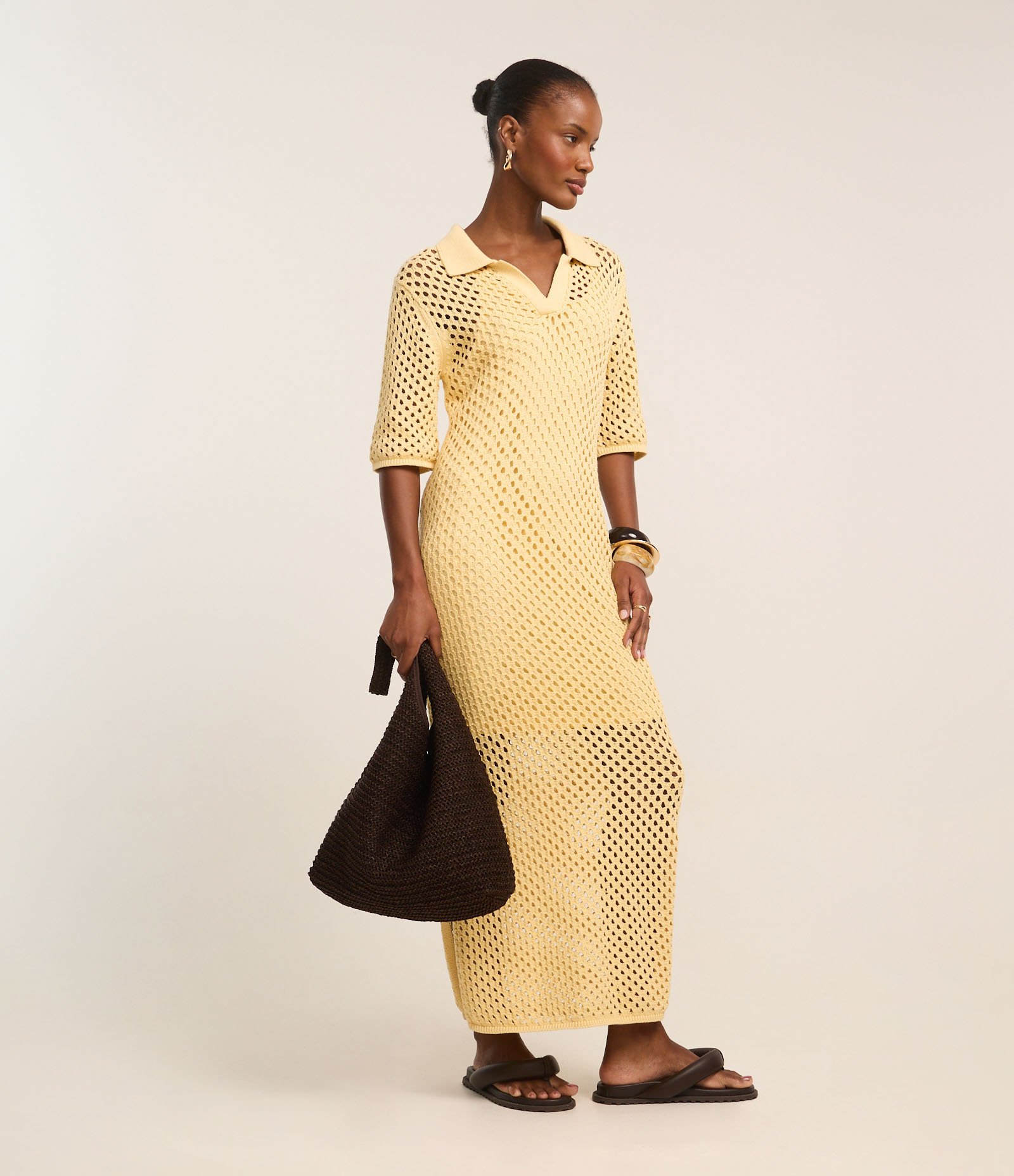 Vestido Midi com Efeito Crochê e Gola Polo Amarelo 3