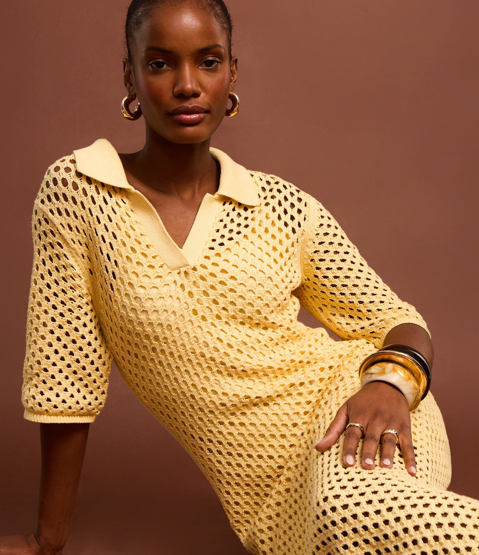 Vestido Midi com Efeito Crochê e Gola Polo Amarelo 6