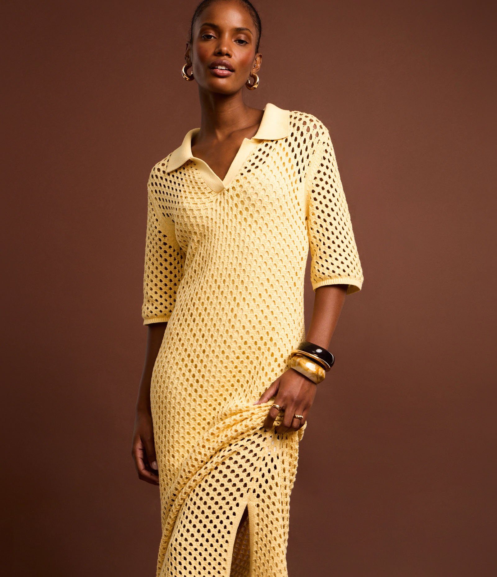 Vestido Midi com Efeito Crochê e Gola Polo Amarelo 7