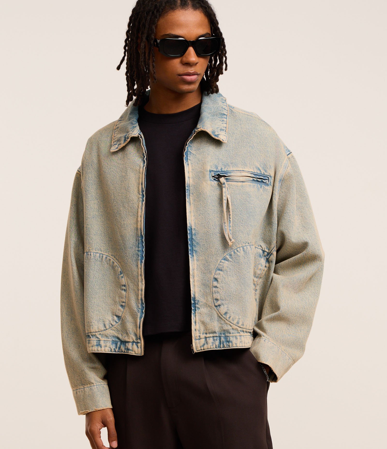 Jaqueta Overboxy em Jeans Dirty com Zíper Azul 1