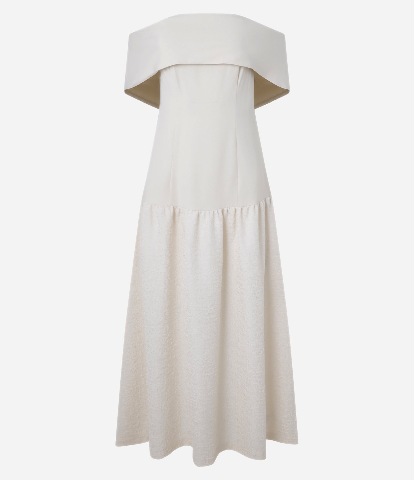Vestido Evasê em Crepe Texturizado com Decote Ombro a Ombro Bege 5