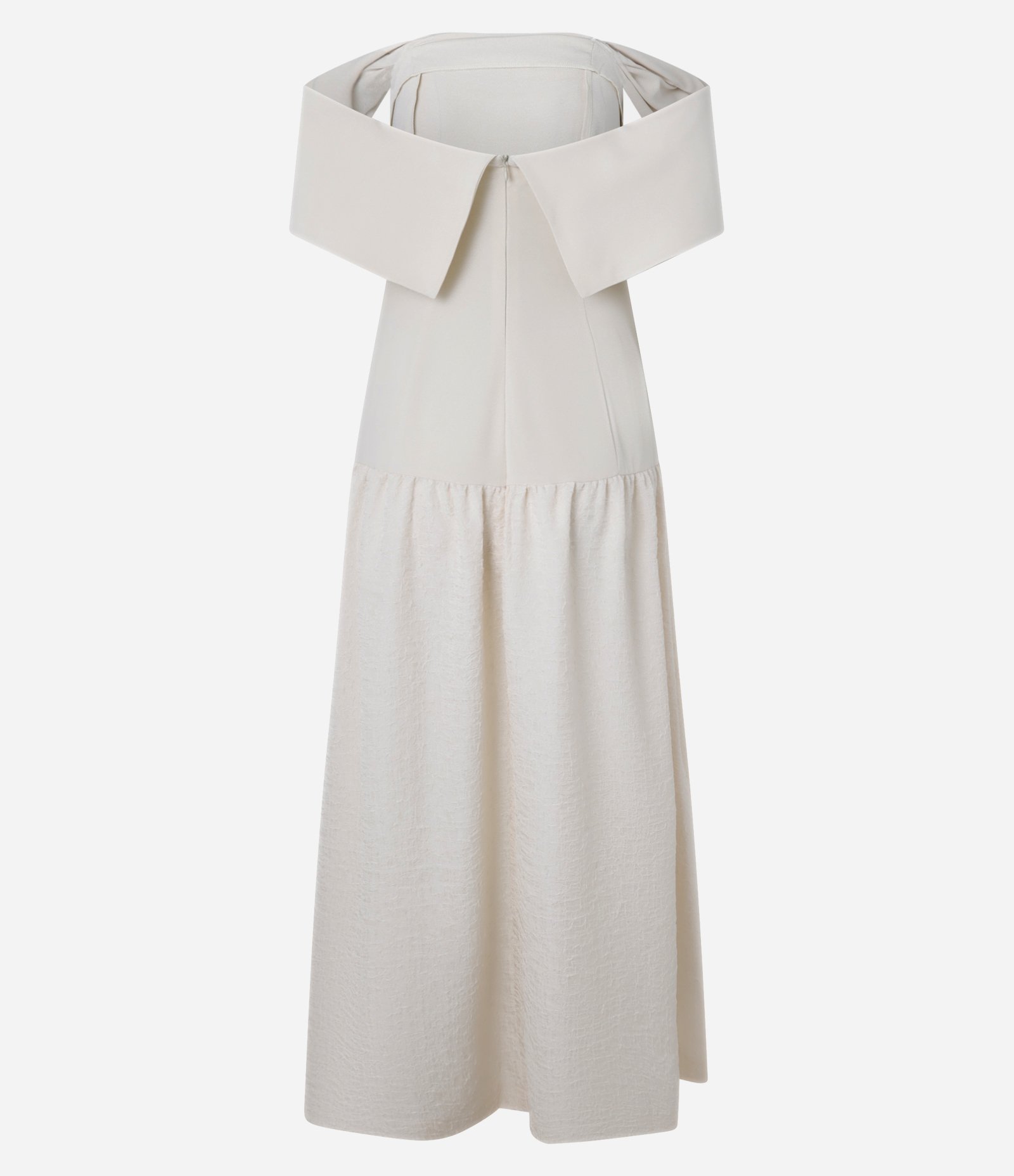 Vestido Evasê em Crepe Texturizado com Decote Ombro a Ombro Bege 6