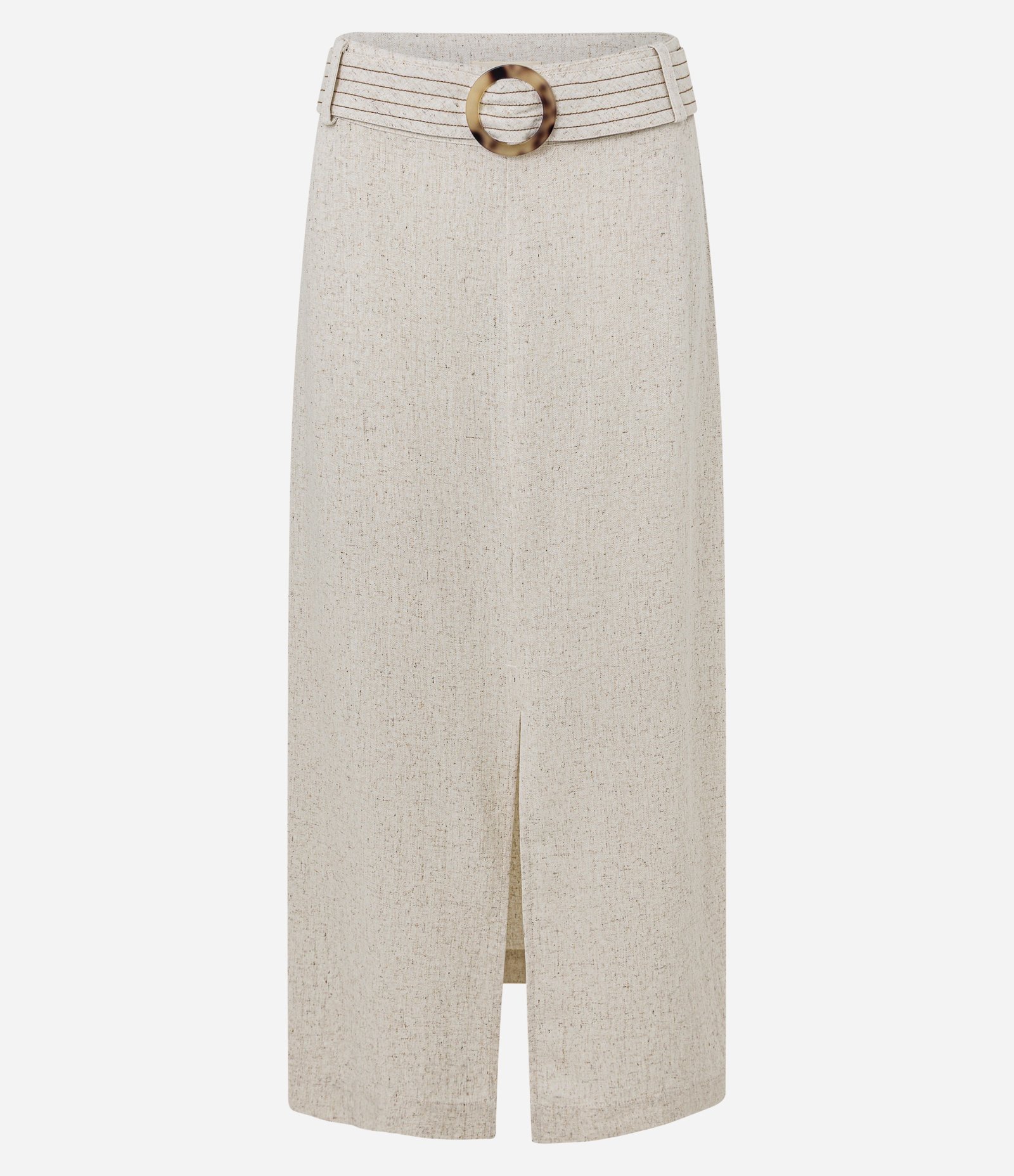 Saia Midi Reta em Viscolinho com Fenda e Cinto Bege 5