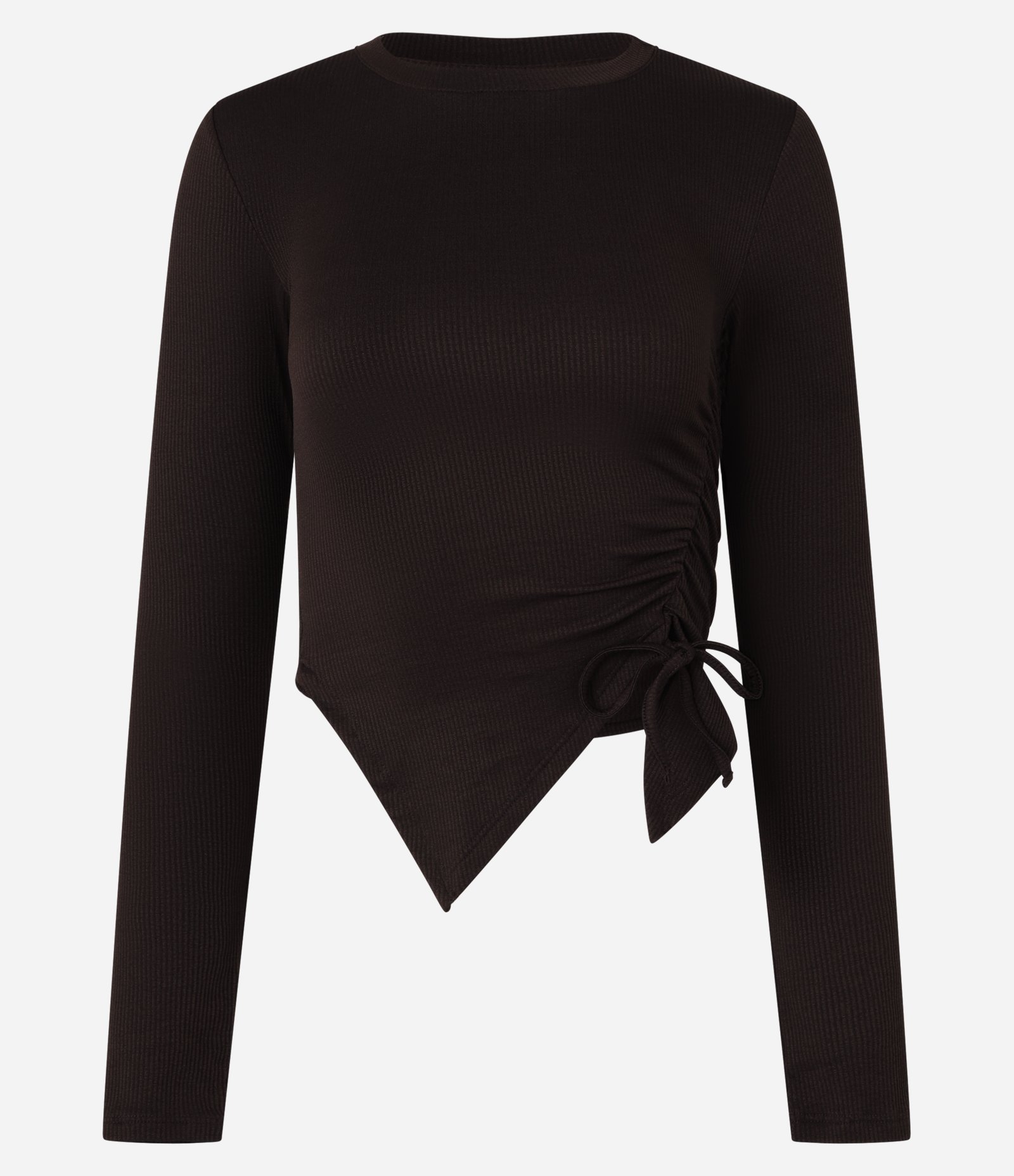 Blusa em Ribana com Barra Assimétrica e Puxadinho Lateral Marrom 6