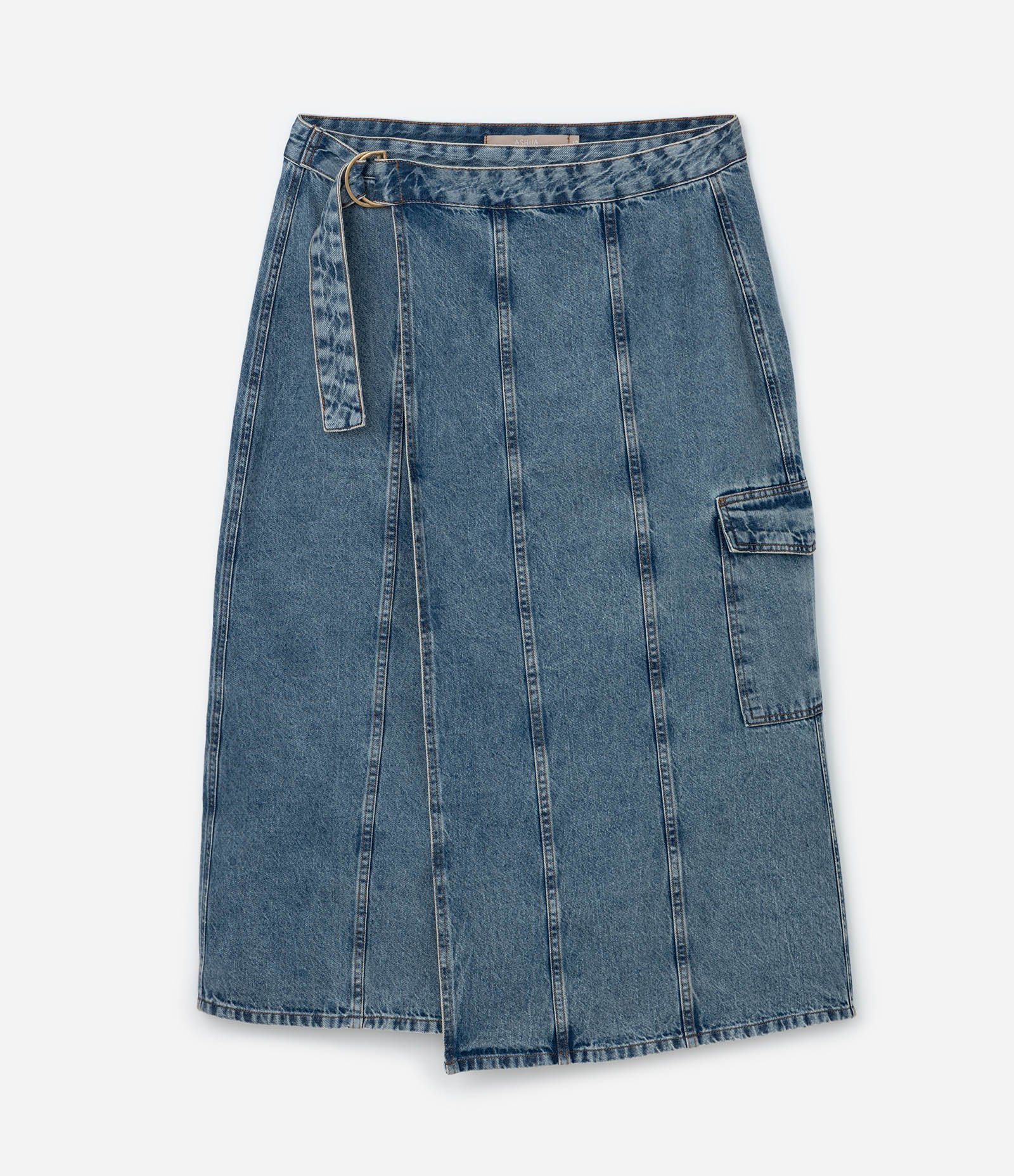 Saia Midi em Jeans com Cinto de Amarração e Bolso Cargo Curve & Plus Size Azul 6