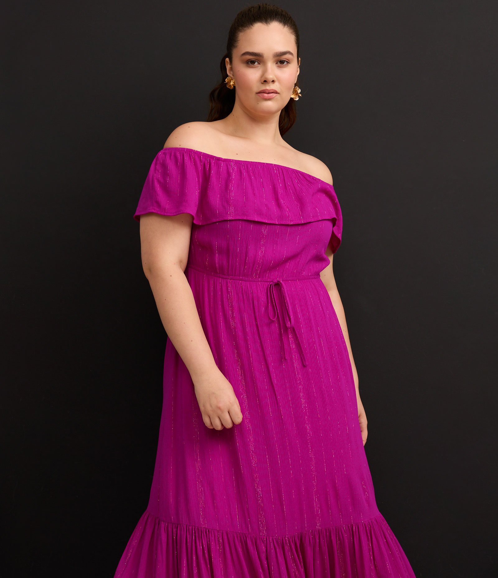 Vestido Midi em Viscose com Fio Metalizado e Decote Ombro a Ombro Curve & Plus Size Rosa 5