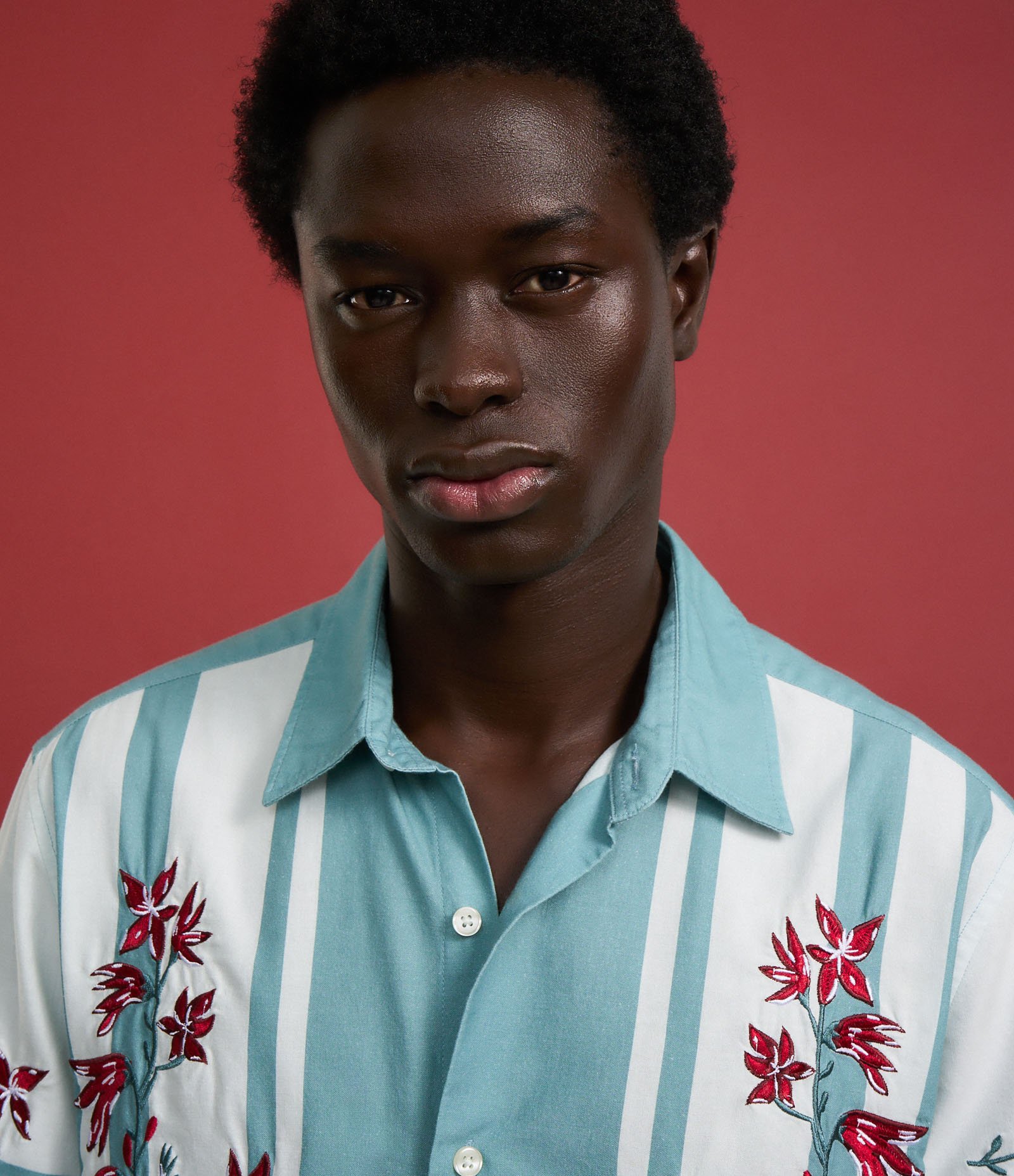 Camisa Regular em Voil com Estampa de Lenço e Bordado Floral Azul 3