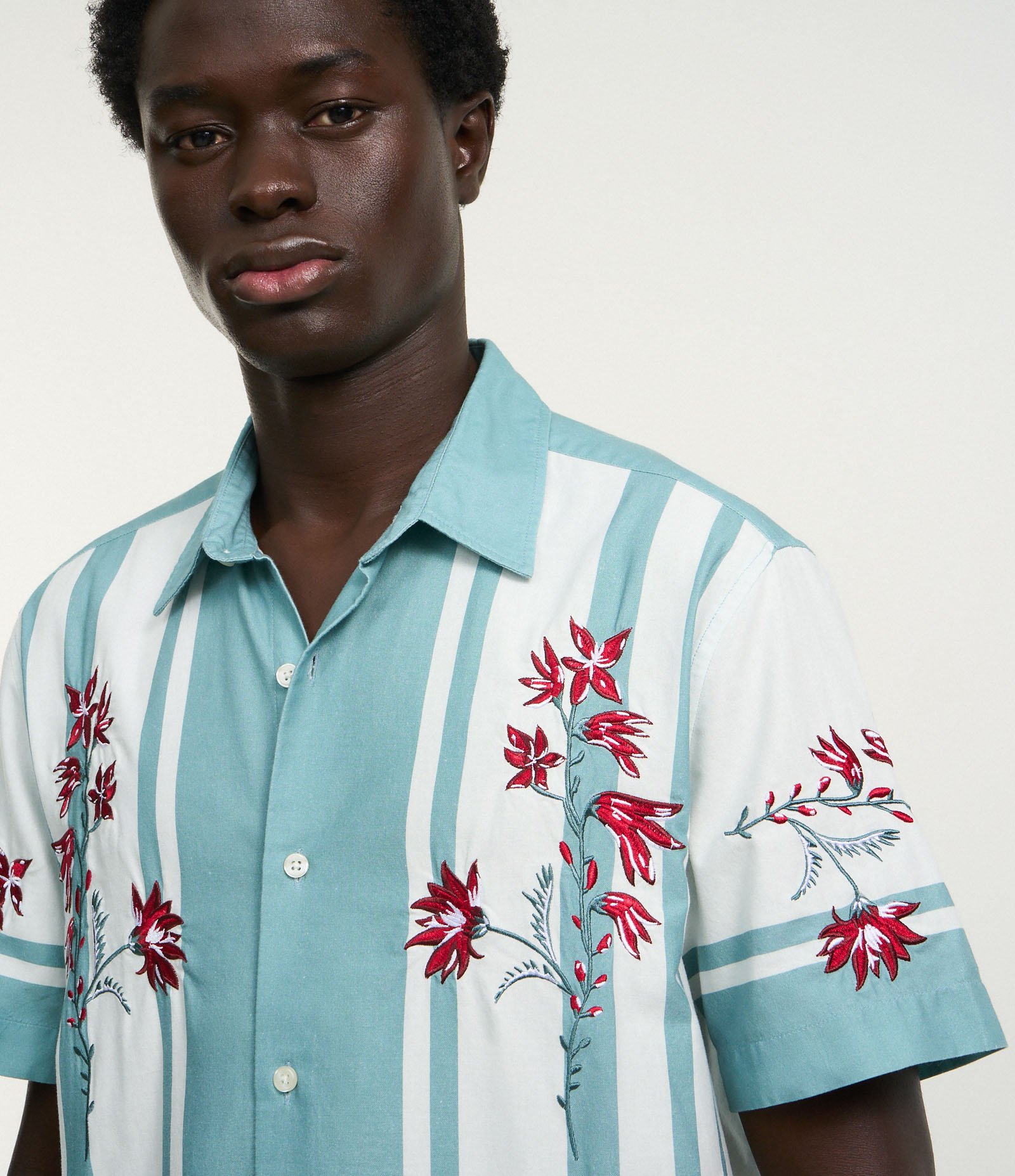 Camisa Regular em Voil com Estampa de Lenço e Bordado Floral Azul 5