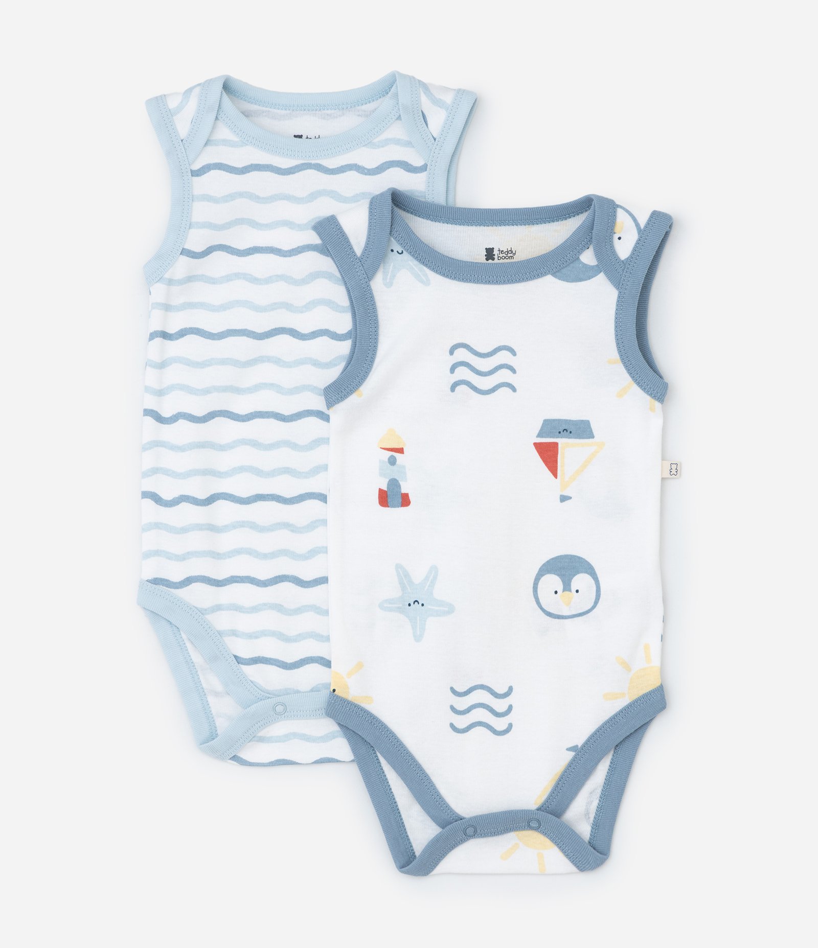 Kit 02 Bodies Infantis em Ribana com Estampa - Tam 0 a 18 meses Branco/Azul 1