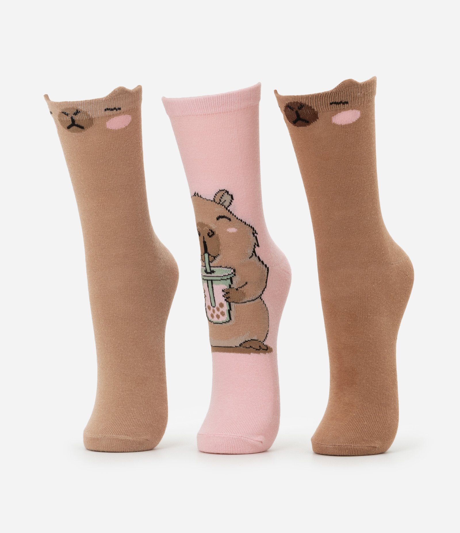Kit 03 Meias Cano Alto em Algodão com Estampa Capivara Milk Shake Marrom/Rosa 1