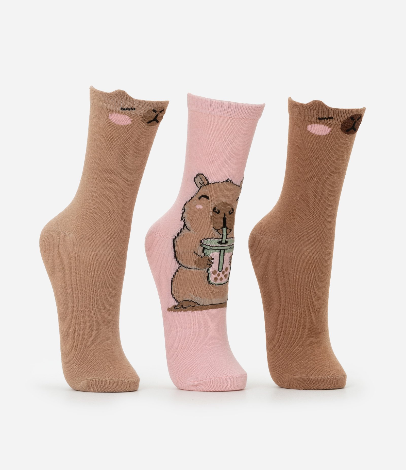 Kit 03 Meias Cano Alto em Algodão com Estampa Capivara Milk Shake Marrom/Rosa 2