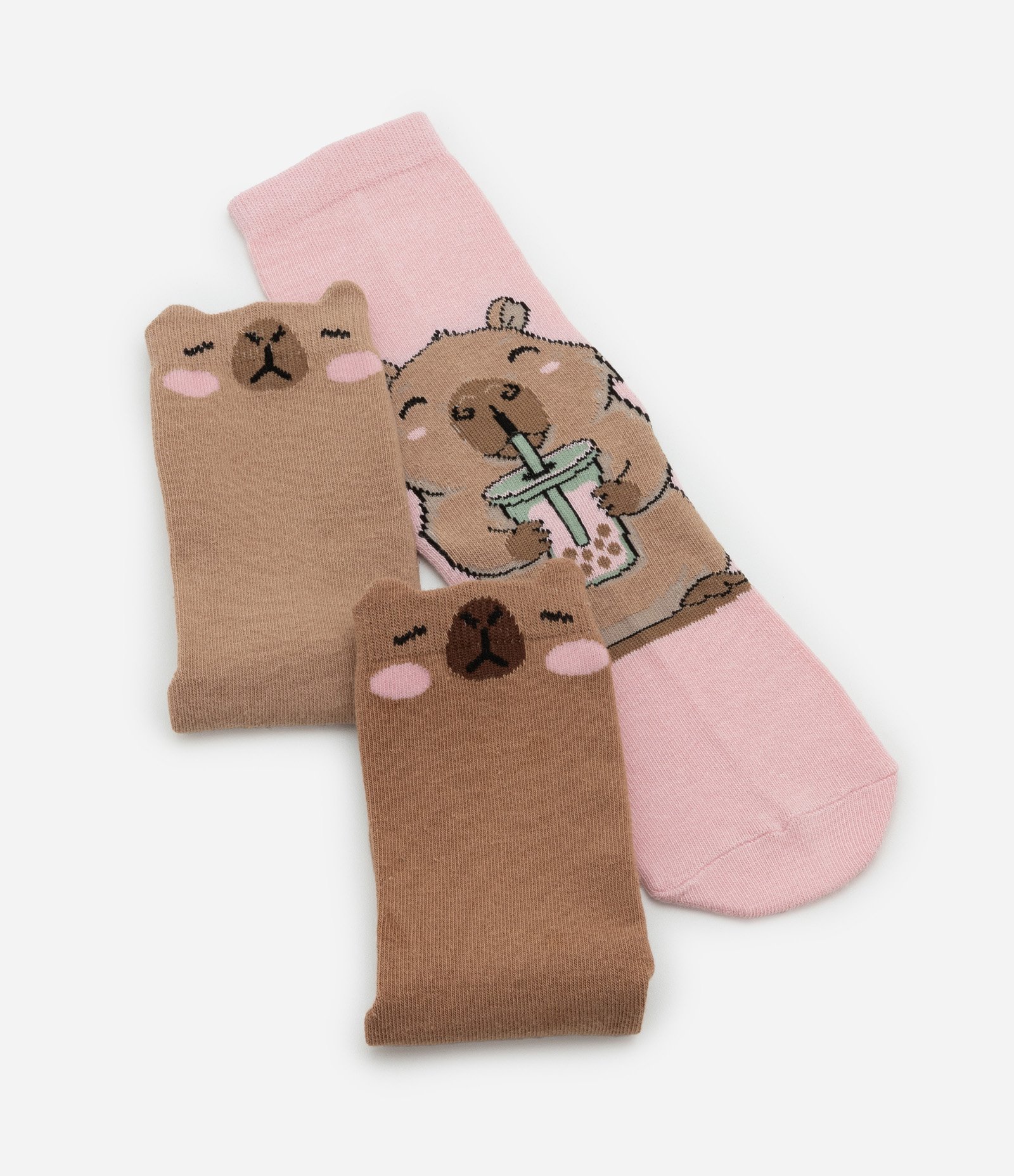 Kit 03 Meias Cano Alto em Algodão com Estampa Capivara Milk Shake Marrom/Rosa 4