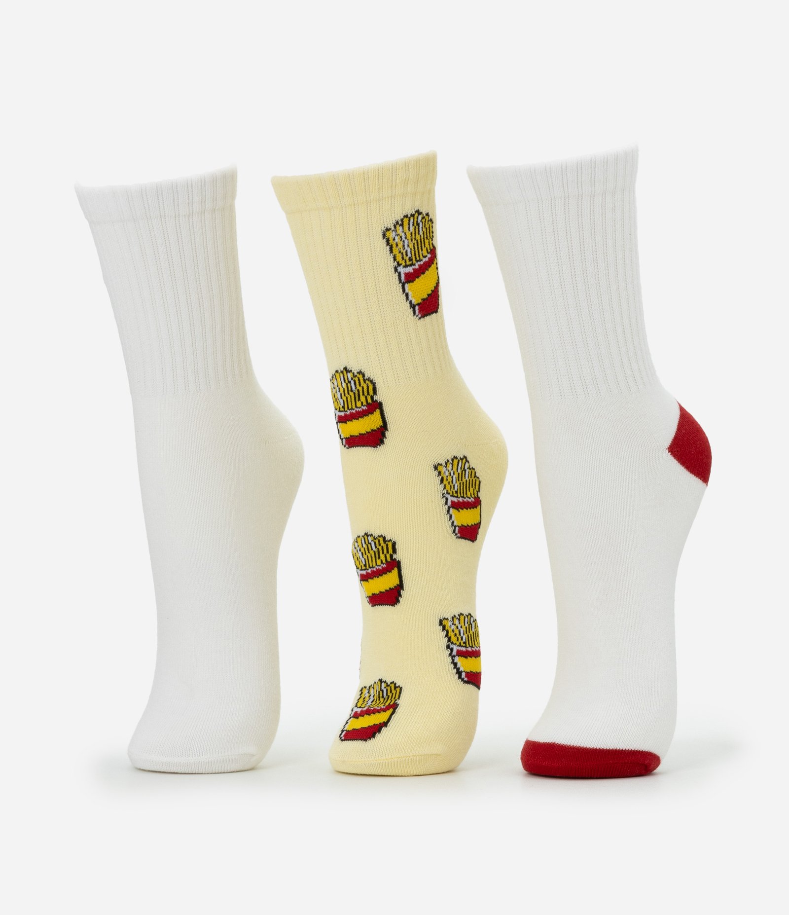 Kit 03 Meias Cano Alto em Algodão com Estampa e Bordado de Batatas Fritas Branco/Amarelo 2