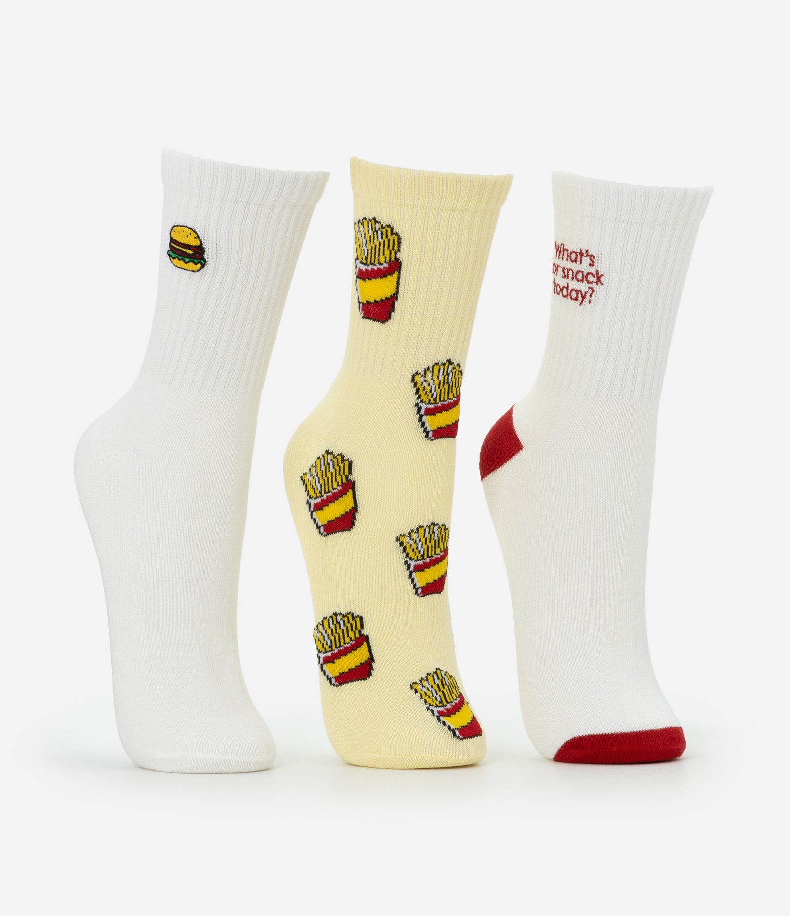 Kit 03 Meias Cano Alto em Algodão com Estampa e Bordado de Batatas Fritas Branco/Amarelo 3