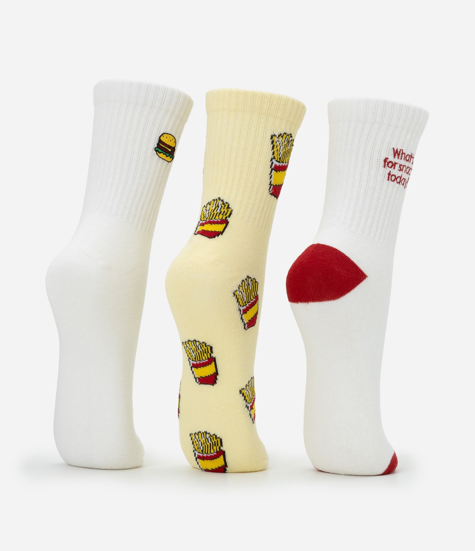 Kit 03 Meias Cano Alto em Algodão com Estampa e Bordado de Batatas Fritas Branco/Amarelo 4