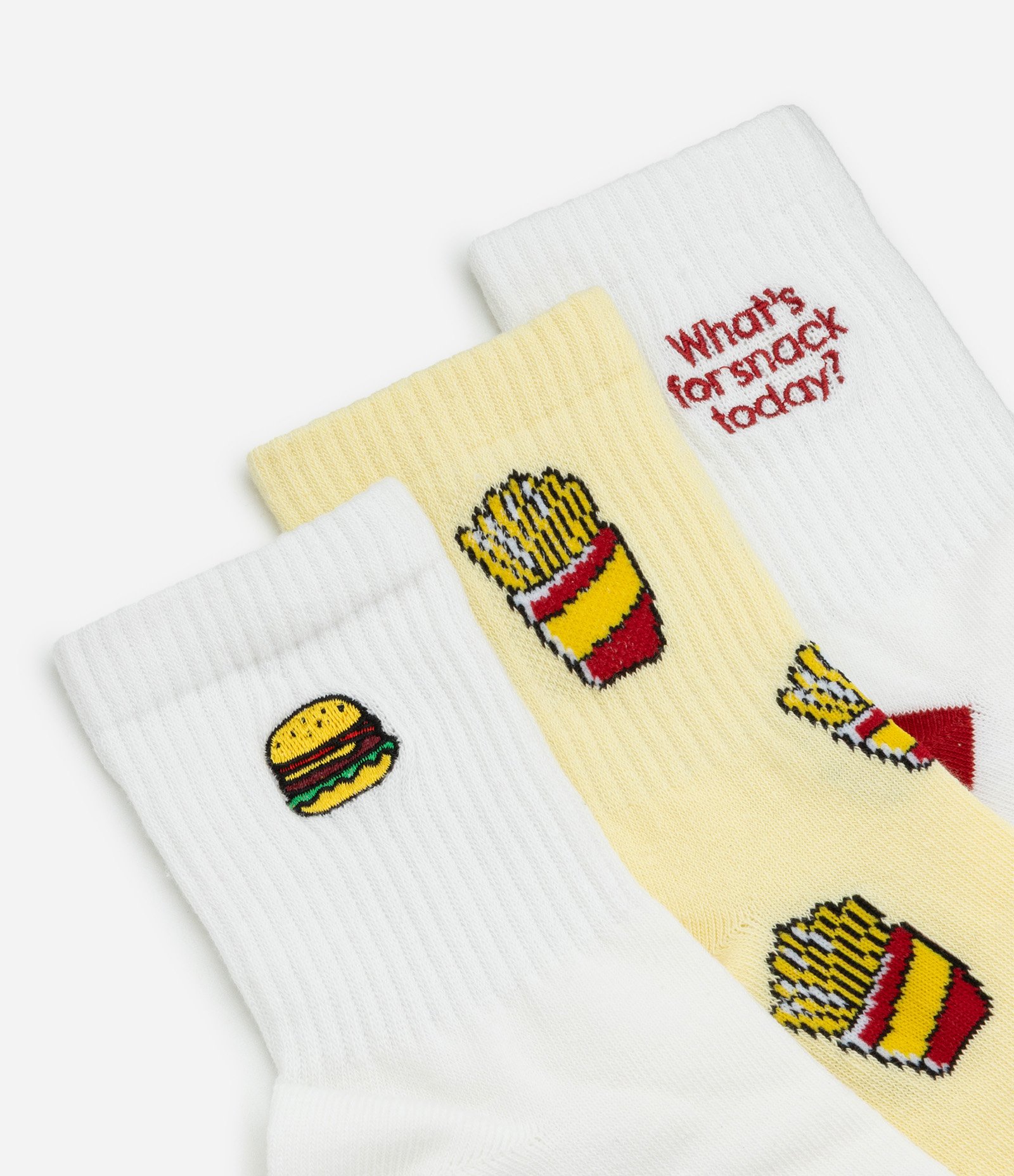 Kit 03 Meias Cano Alto em Algodão com Estampa e Bordado de Batatas Fritas Branco/Amarelo 1