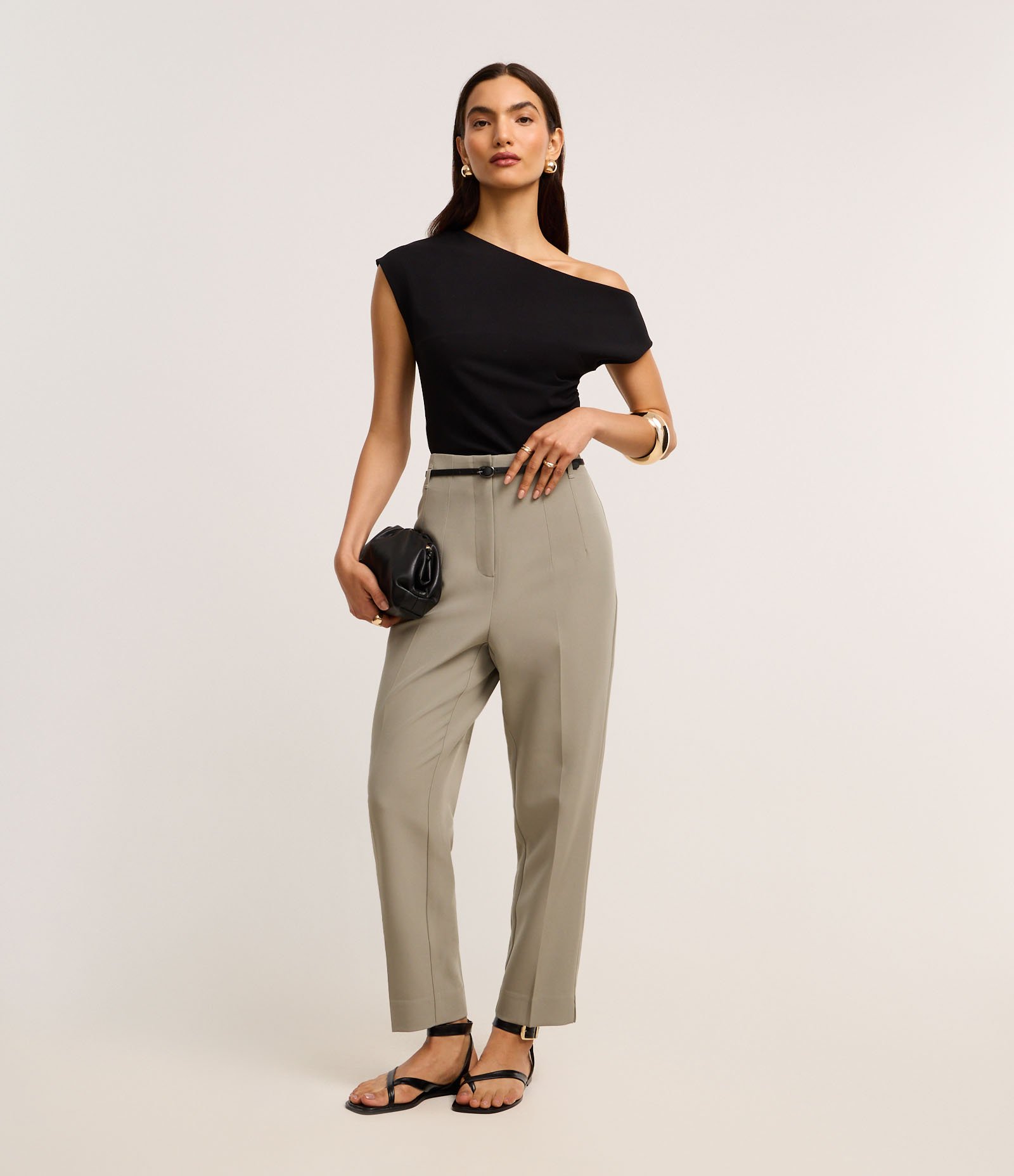 Calça Cenoura Alfaiatada com Cinto Fivela Verde Acinzentado 1