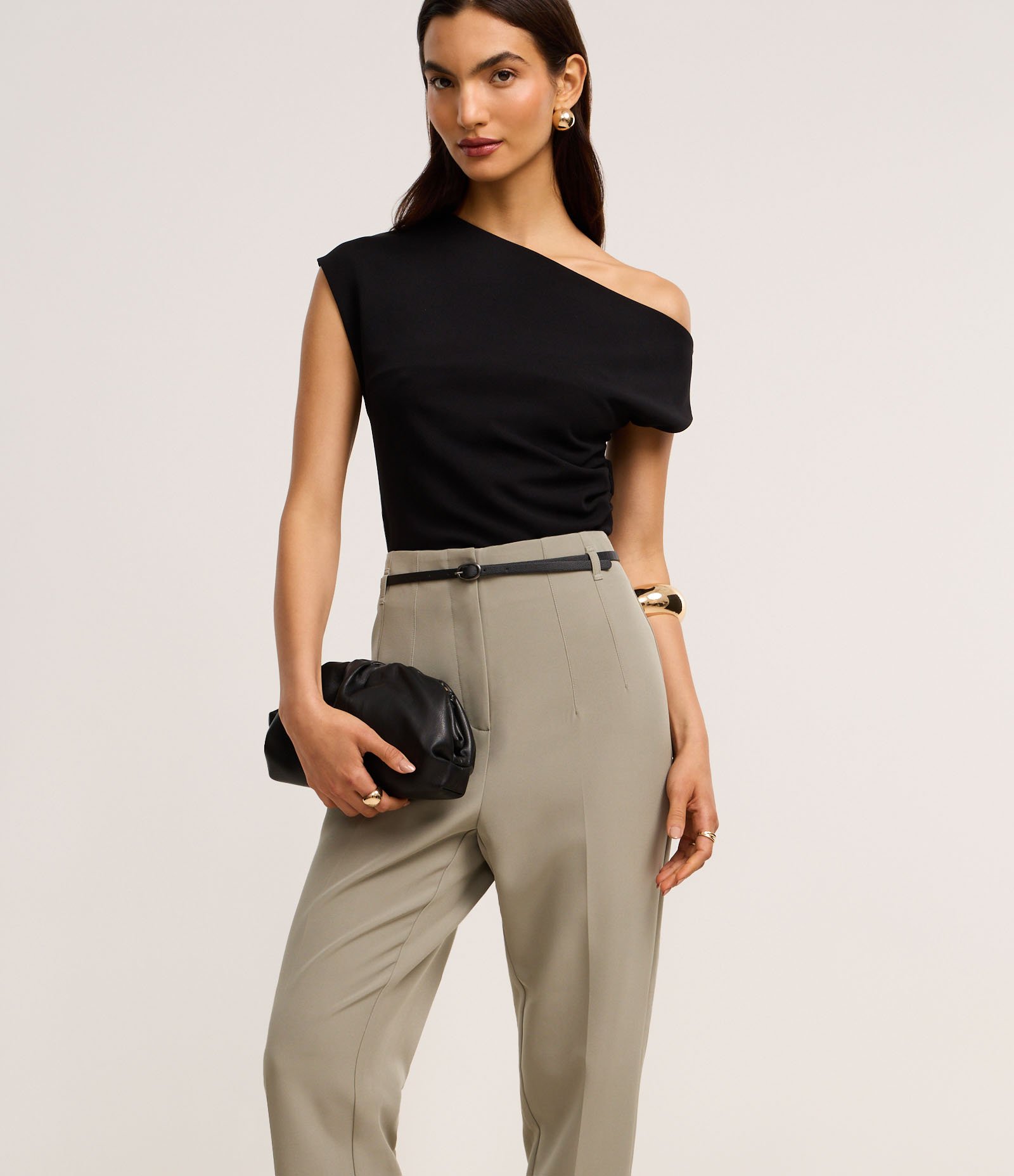 Calça Cenoura Alfaiatada com Cinto Fivela Verde Acinzentado 2