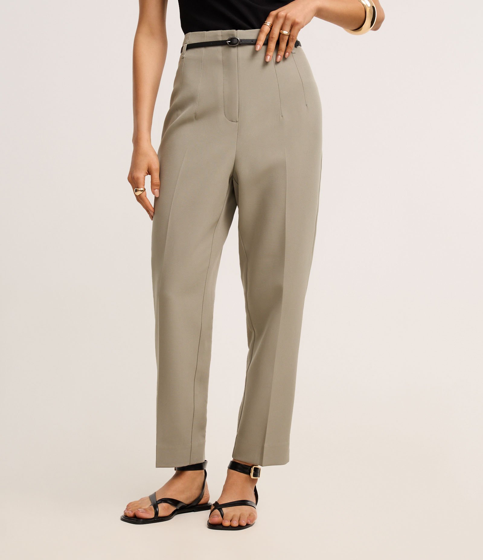 Calça Cenoura Alfaiatada com Cinto Fivela Verde Acinzentado 3