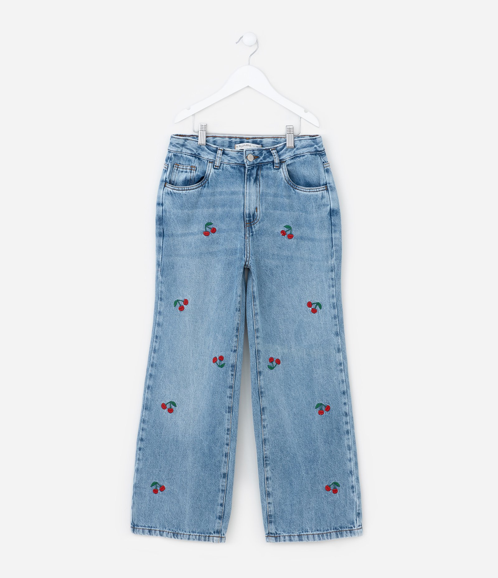 Calça Balloon Infantil em Jeans com Bordado de Cerejas - Tam 5 a 14 Anos Azul 1