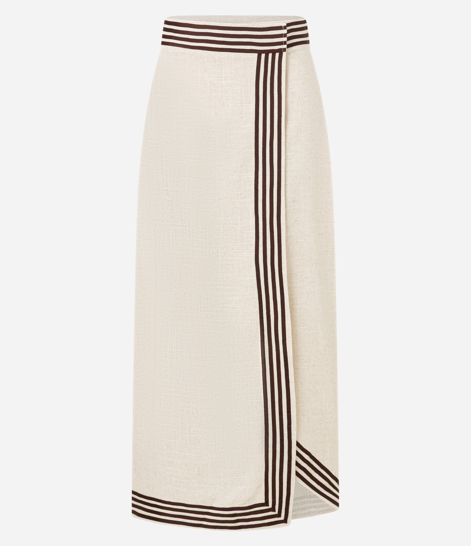 Saia Midi em Viscolinho com Transpasse Envelope e Listras Contrastantes Bege 6